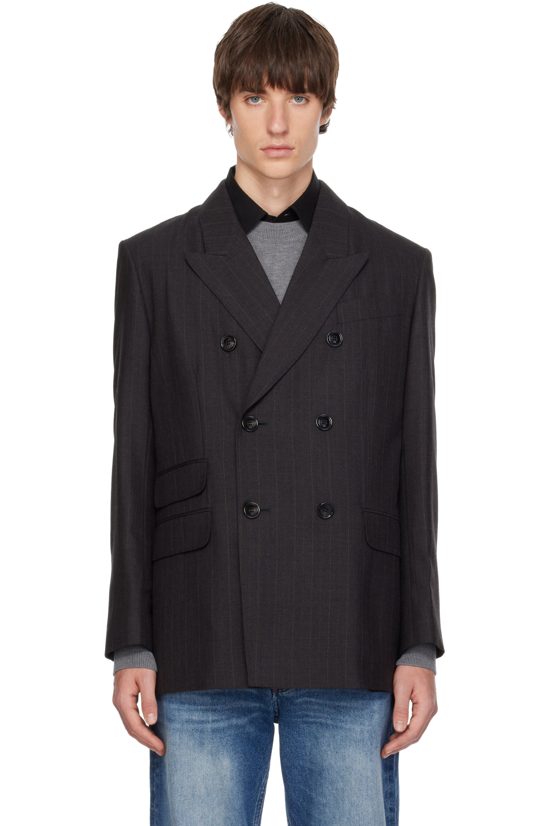 AMI Paris - Gray Double-Breasted Striped Wool Blazer
