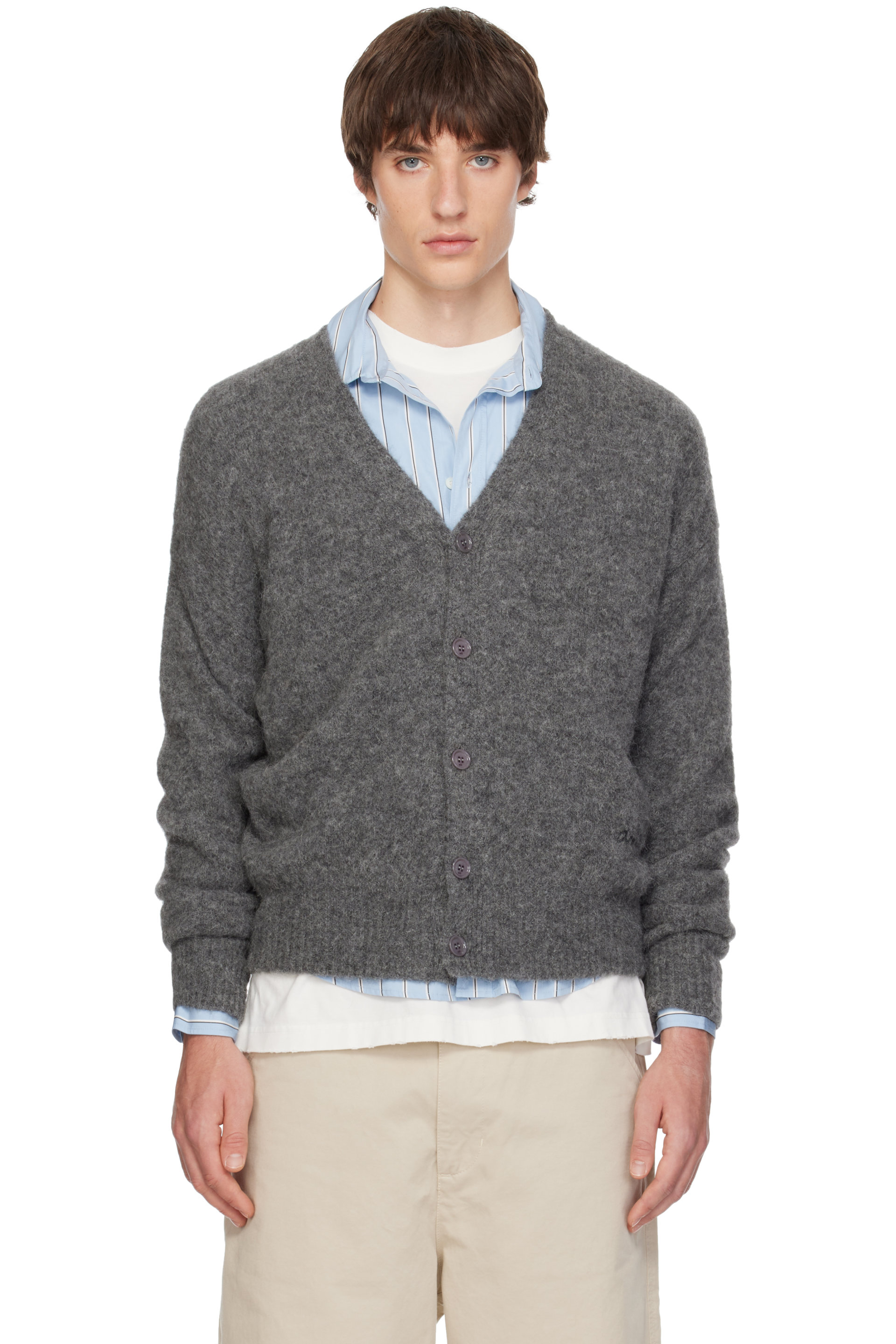 AMI Paris - Cardigan gris à col en V à logo