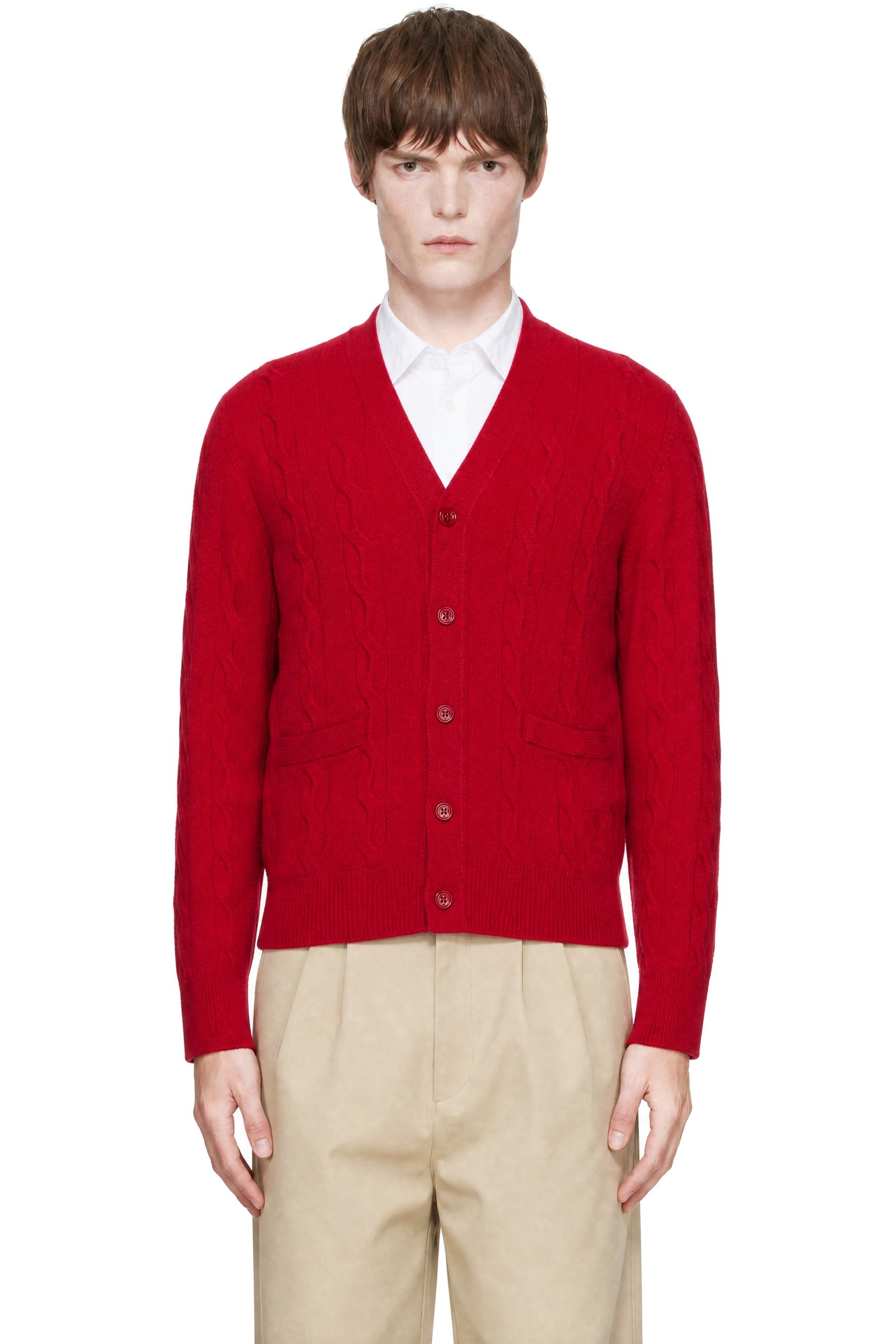 AMI Paris - Cardigan rouge en tricot câblé de laine