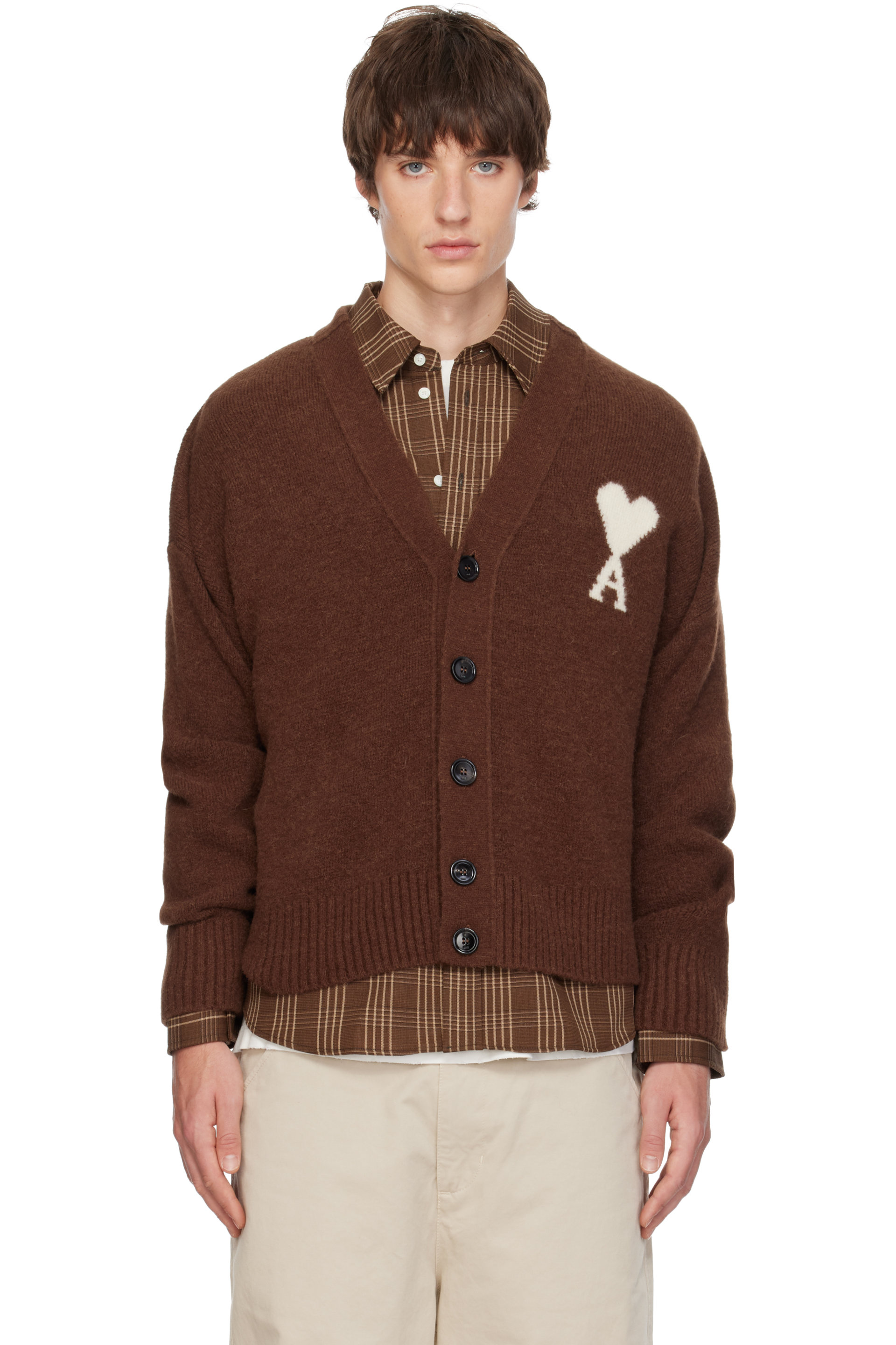 AMI Paris - Cardigan brun en tricot d'alpaga à logo Ami de cœur
