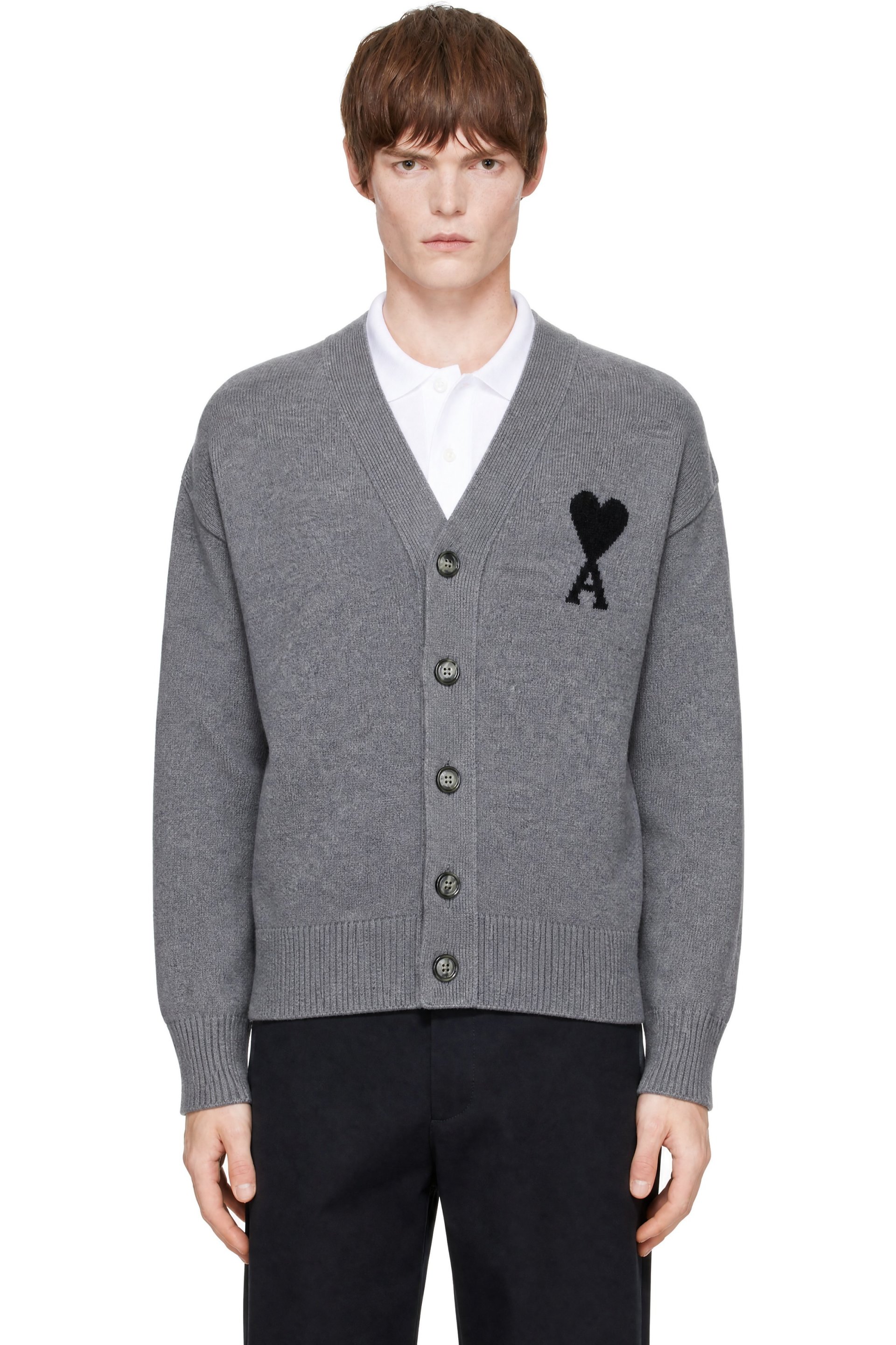 AMI Paris - Gray V-Neck Ami de Coeur Cardigan