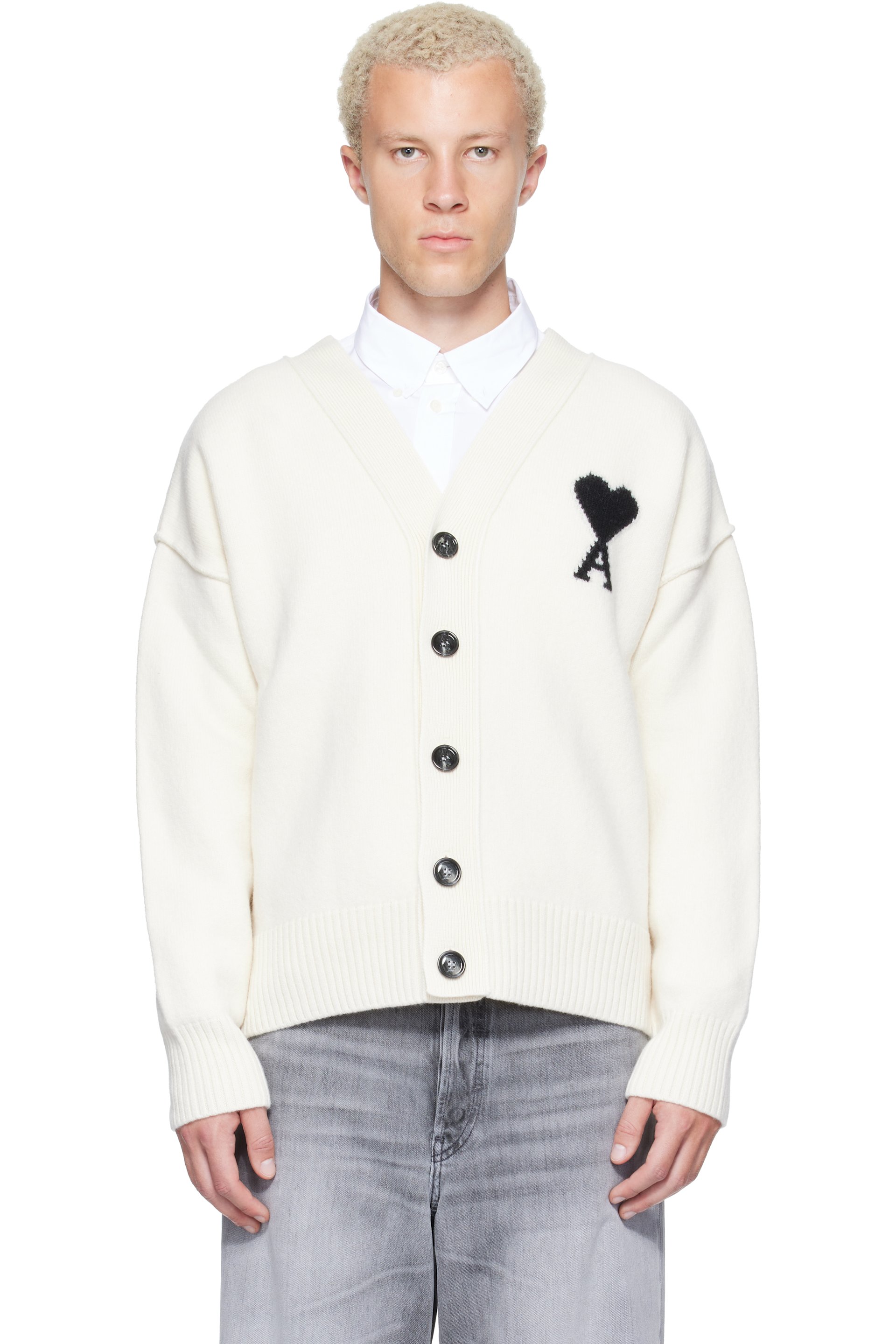 AMI Paris - Off-White Wool Ami de Coeur Cardigan