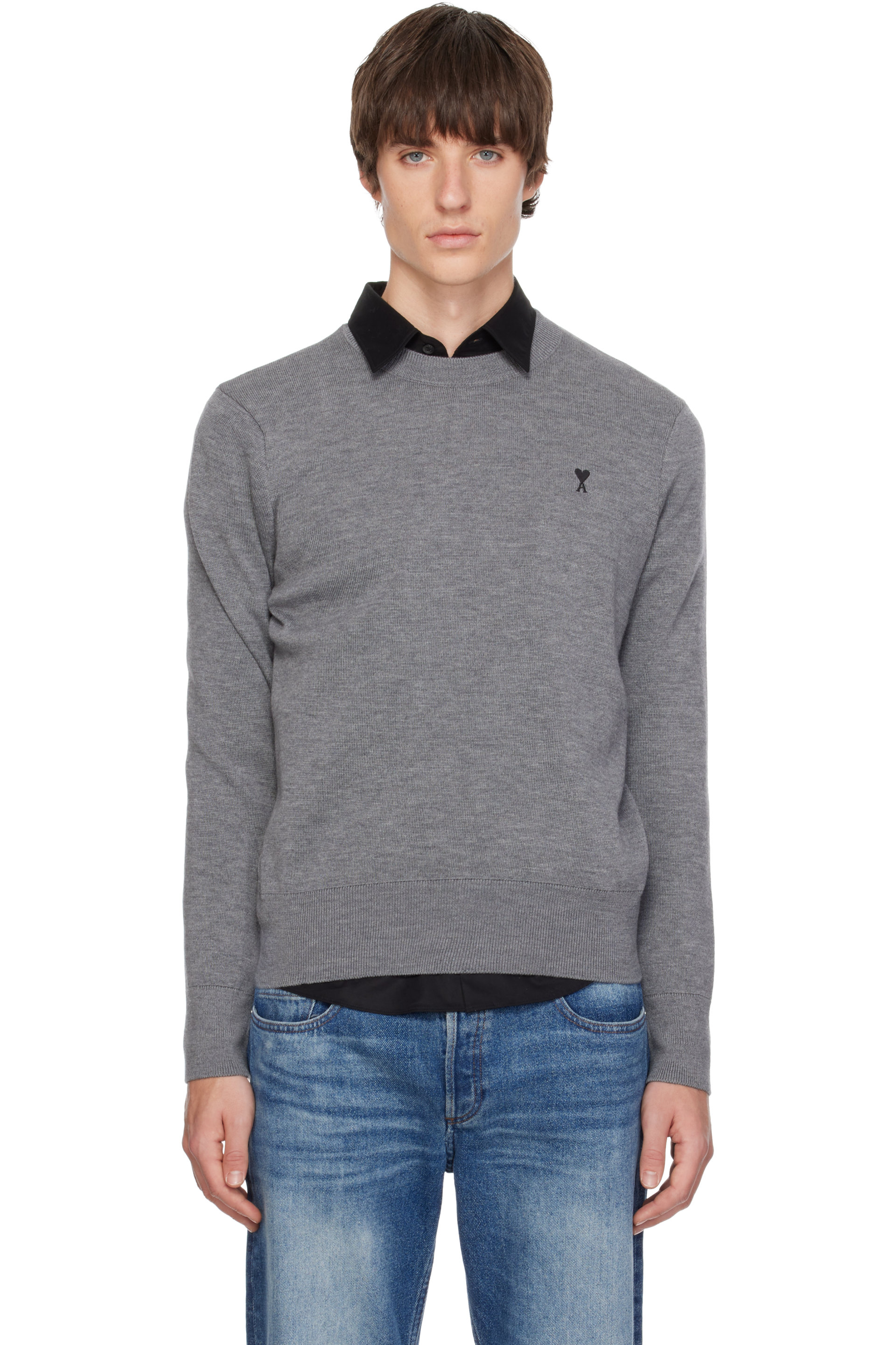 AMI Paris - Gray Crewneck Wool Ami de Coeur Sweater