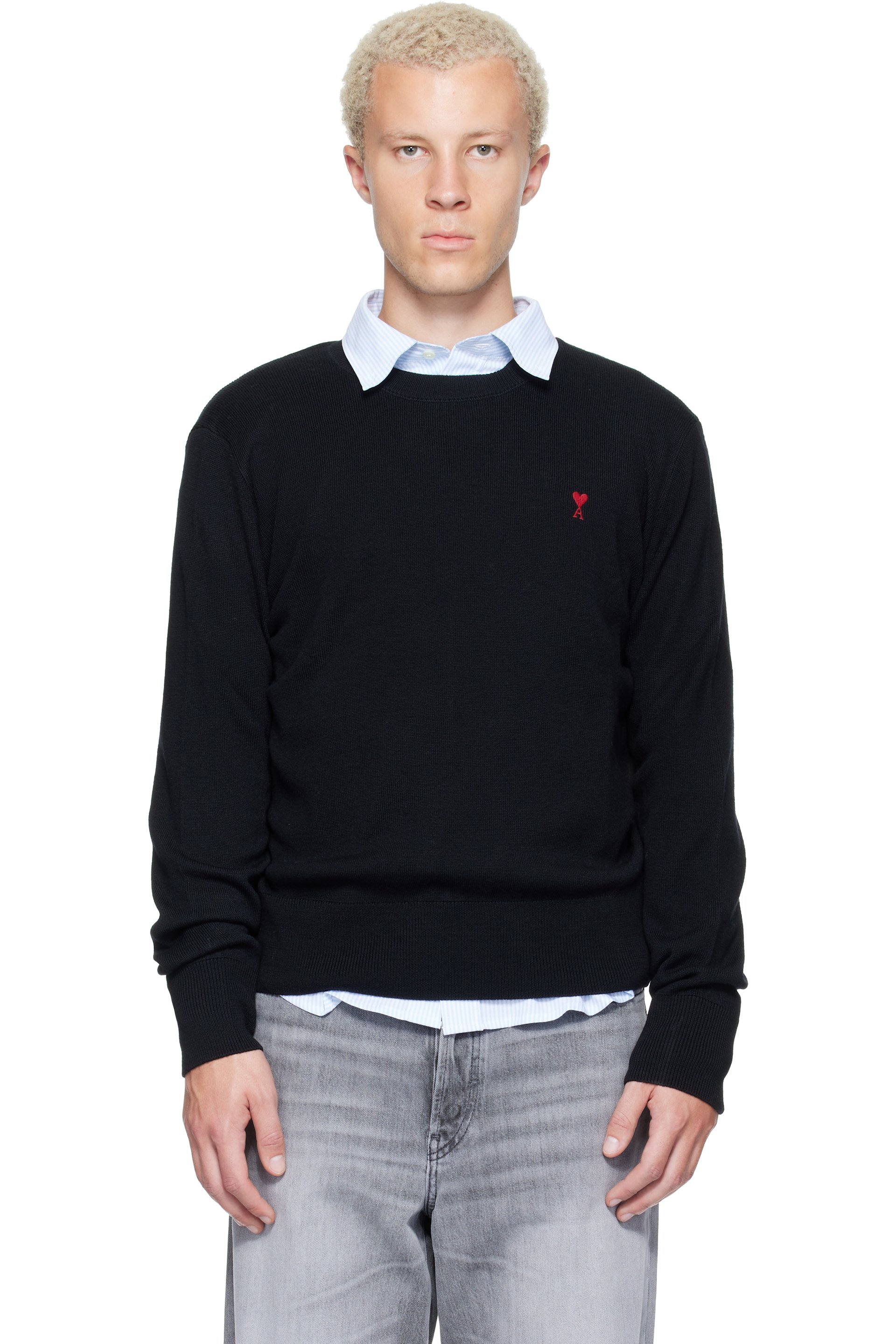AMI Paris - Black Crewneck Wool Ami de Coeur Sweater
