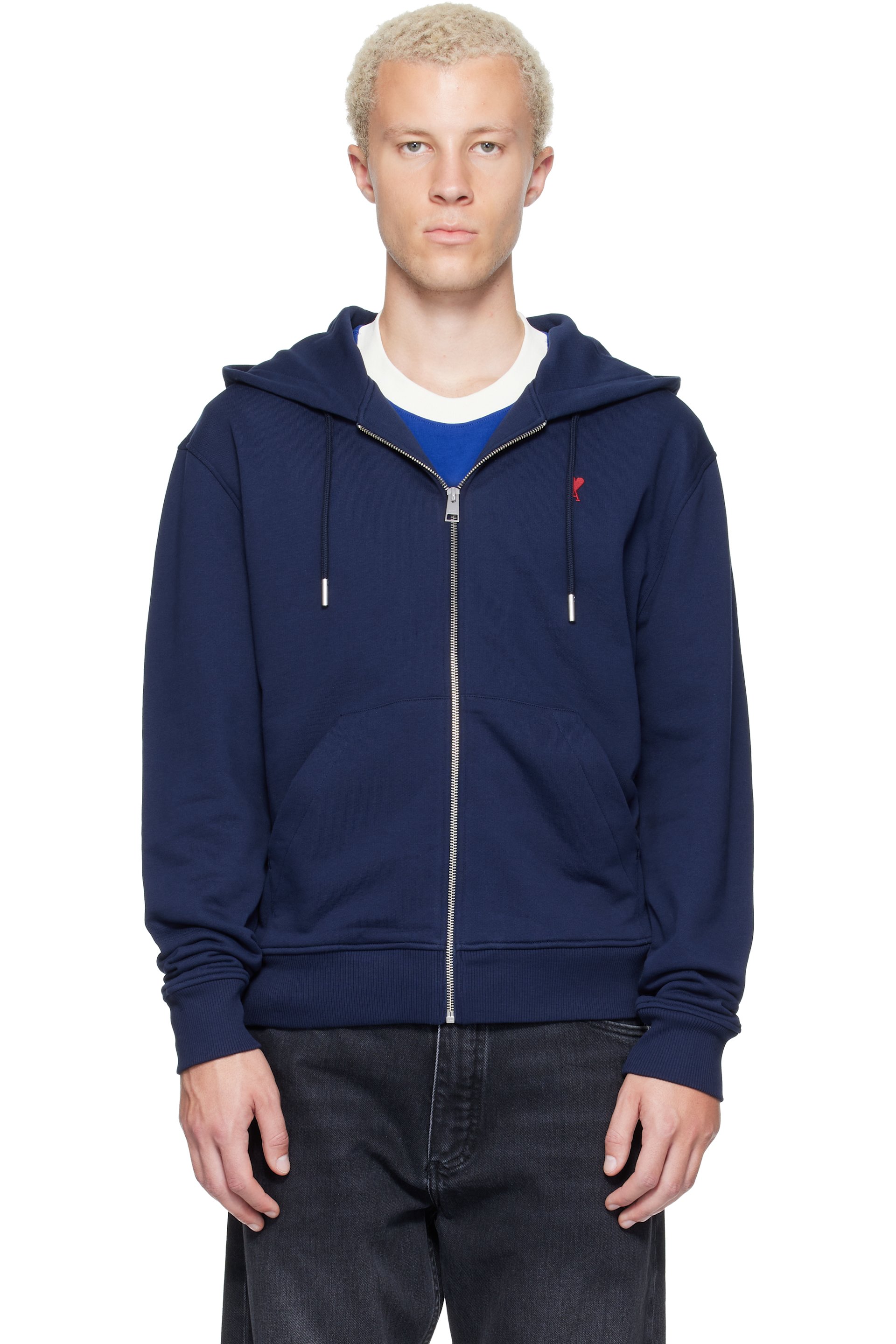 AMI Paris - Navy Zipped Cotton Ami de Coeur Hoodie