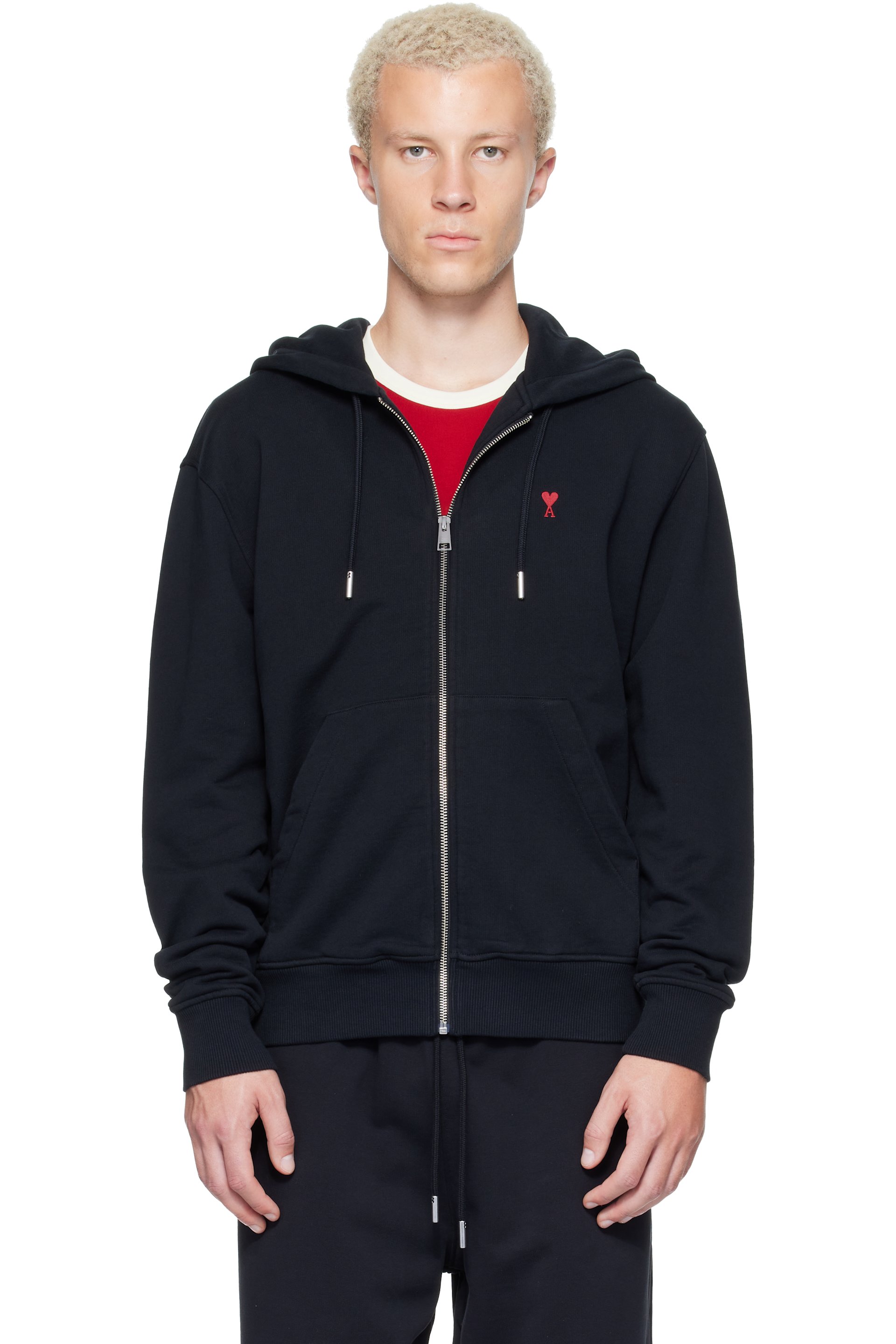 AMI Paris - Black Zipped Cotton Ami de Coeur Hoodie