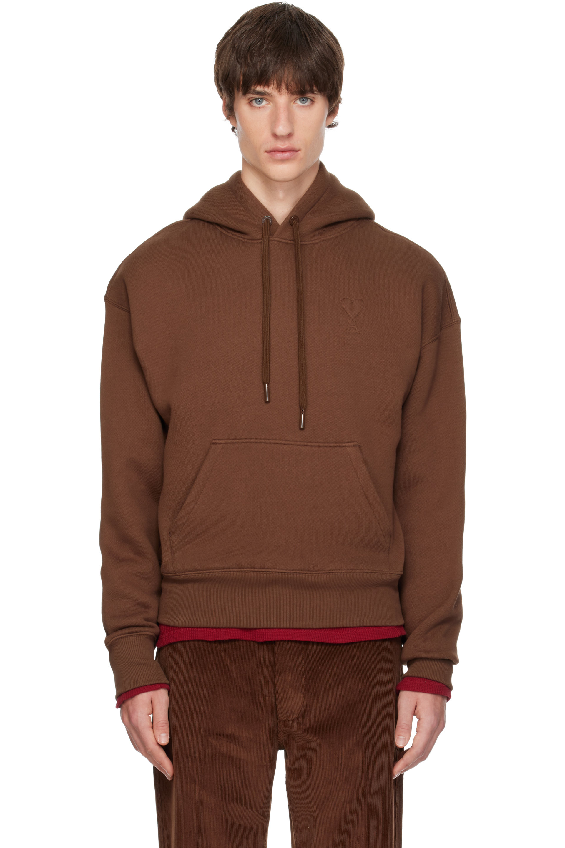 AMI Paris - Pull à capuche brun en coton à logo Ami de cœur gaufré