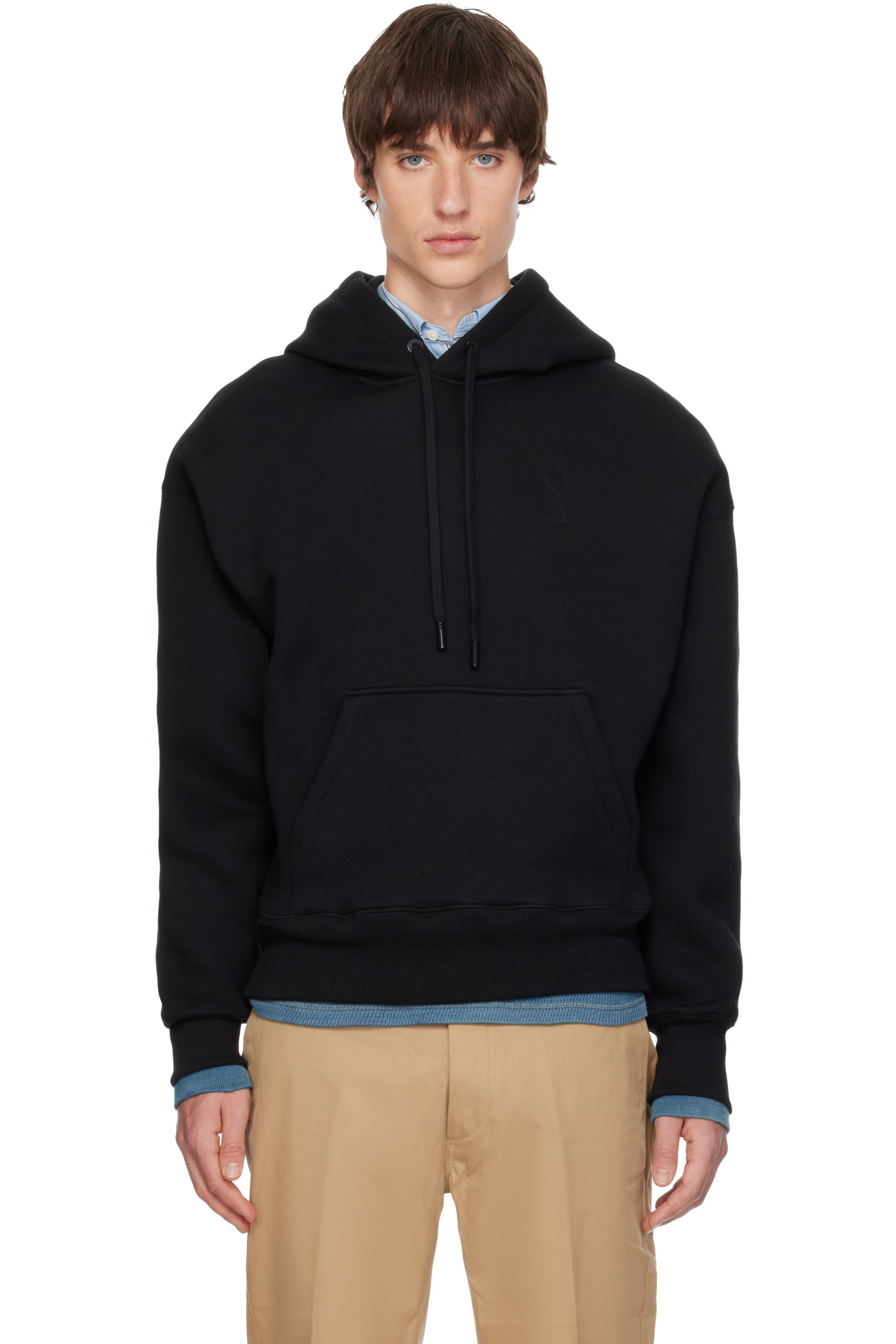 AMI Paris - Pull à capuche noir en coton à logo Ami de cœur gaufré
