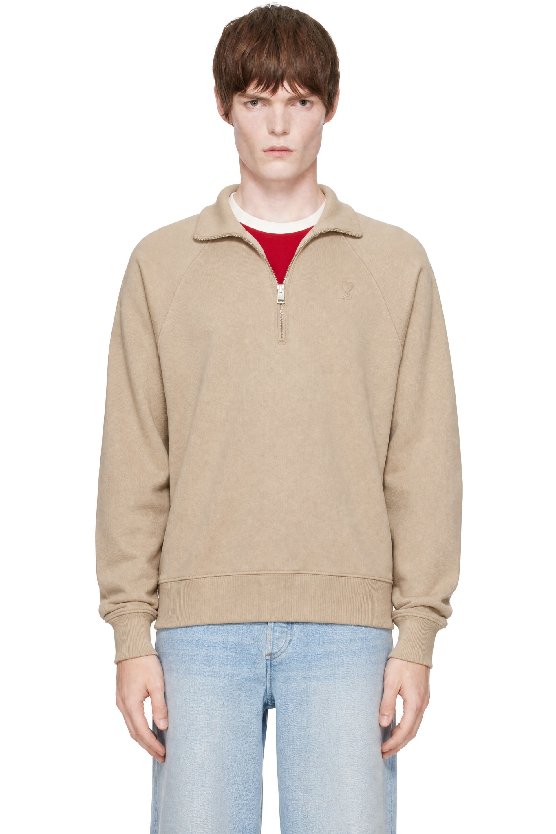 AMI Paris - Beige Cotton Zipped Embossed Ami de Coeur Sweatshirt