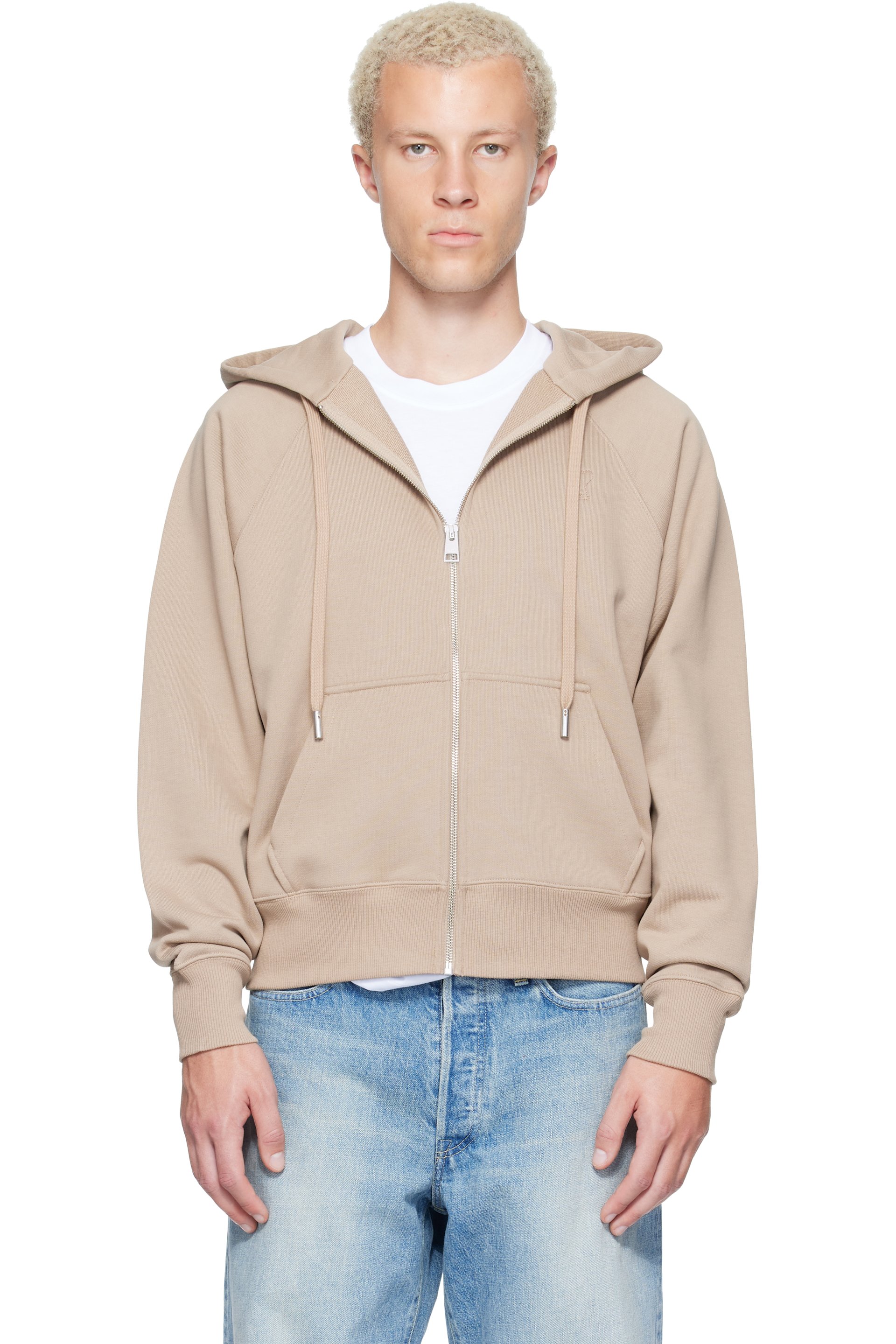 AMI Paris - Beige Zipped Cotton Embossed Ami de Coeur Hoodie