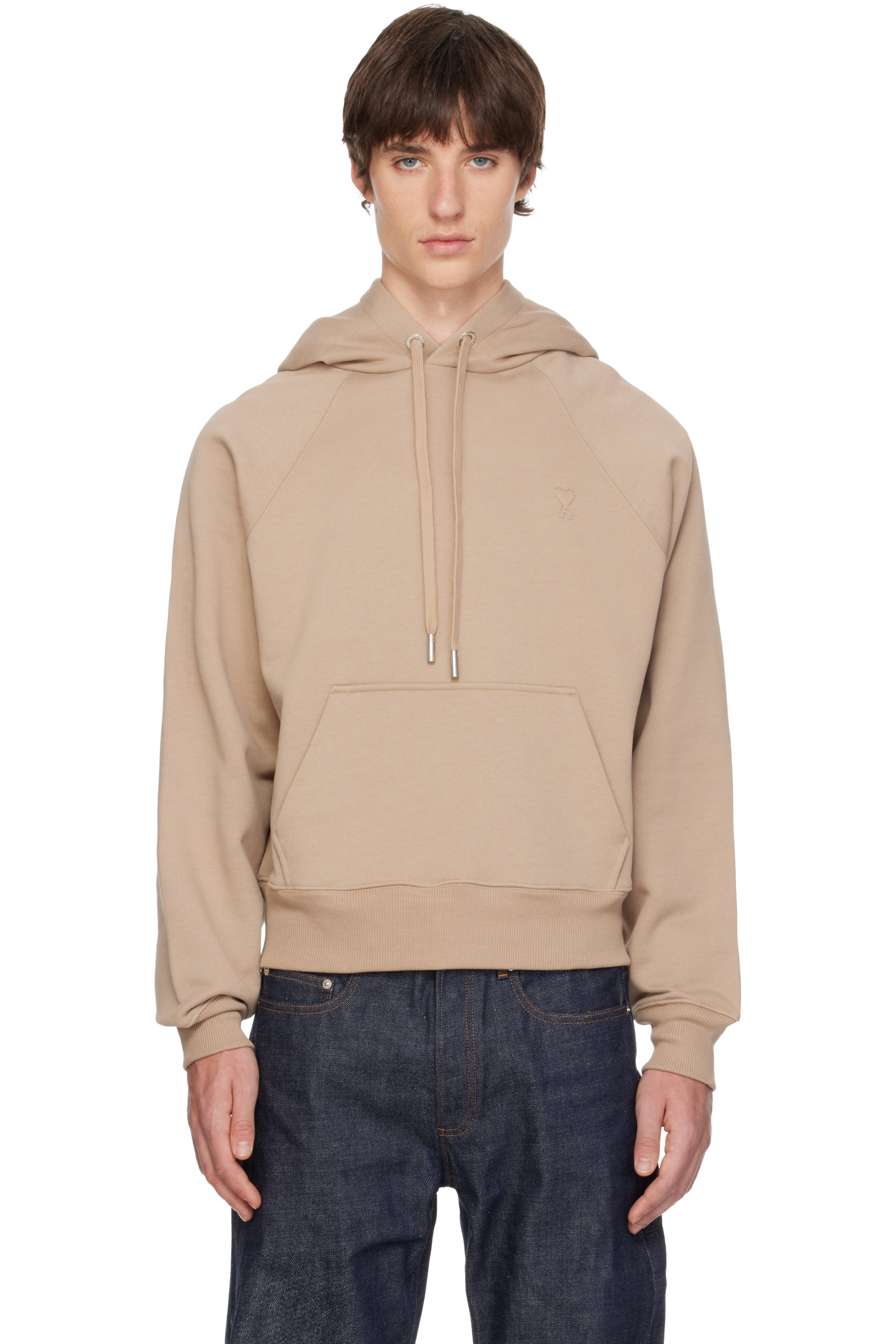 AMI Paris - Pull à capuche beige en coton à logo Ami de cœur gaufré