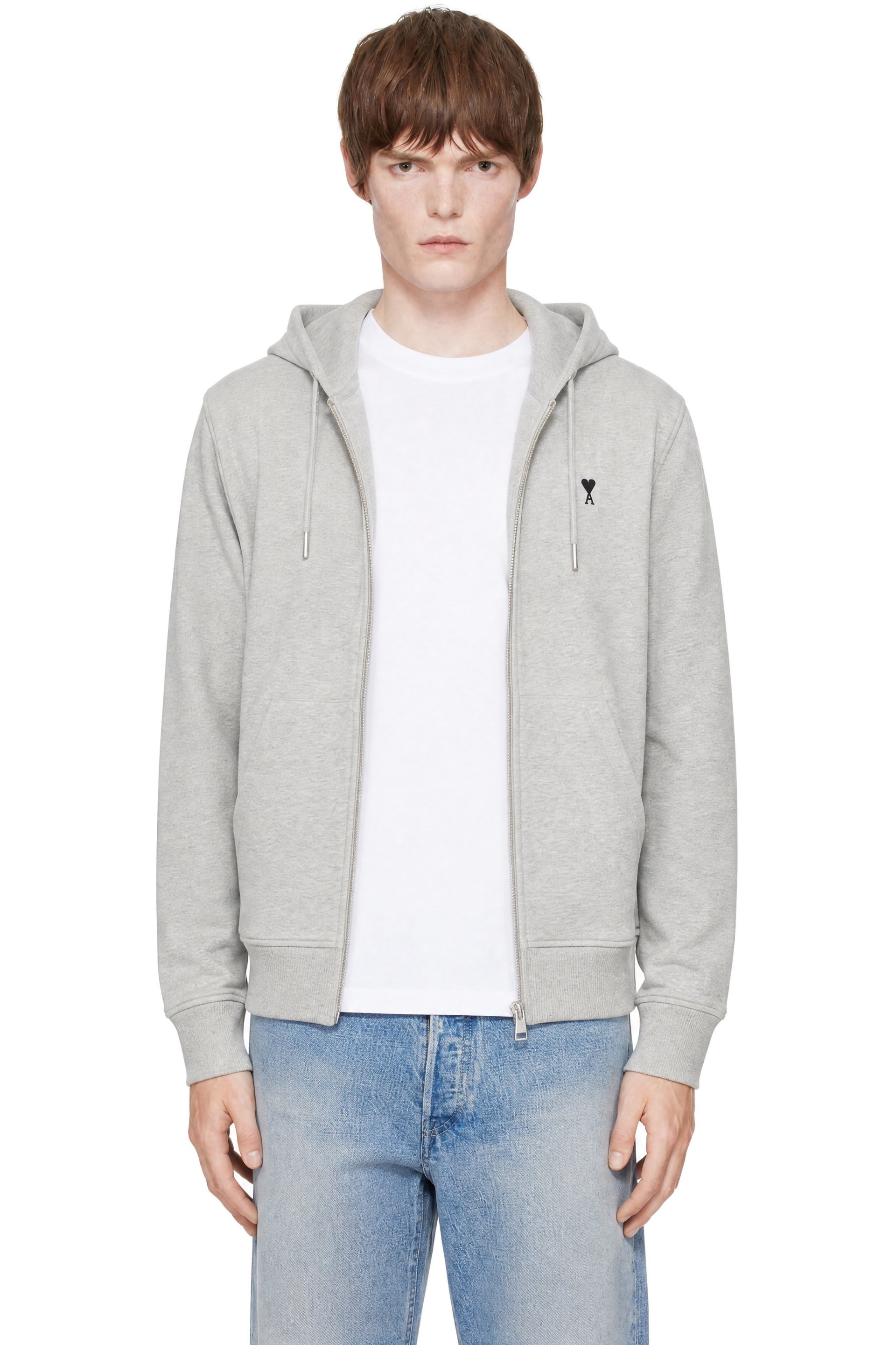 AMI Paris - Pull à capuche noir en coton à glissière et à logo Ami de cœur