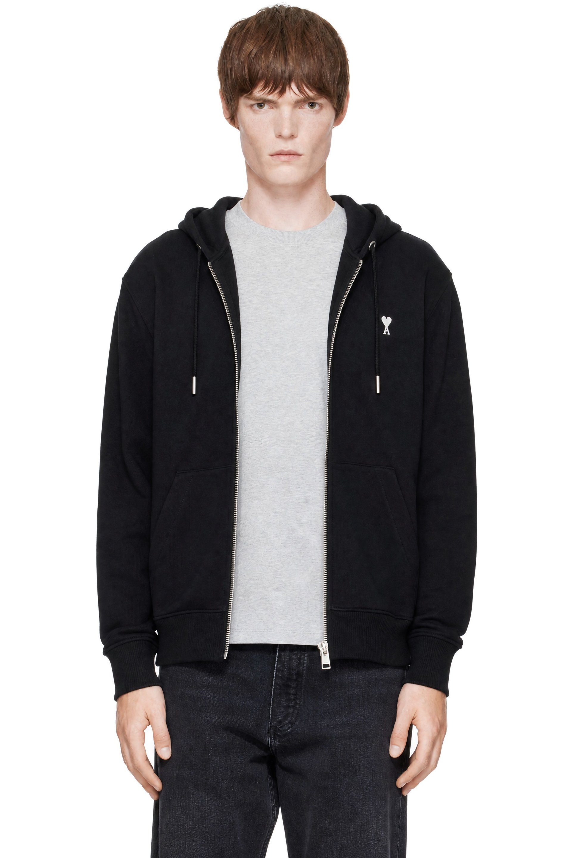 AMI Paris - Black Cotton Ami de Coeur Zipped Hoodie