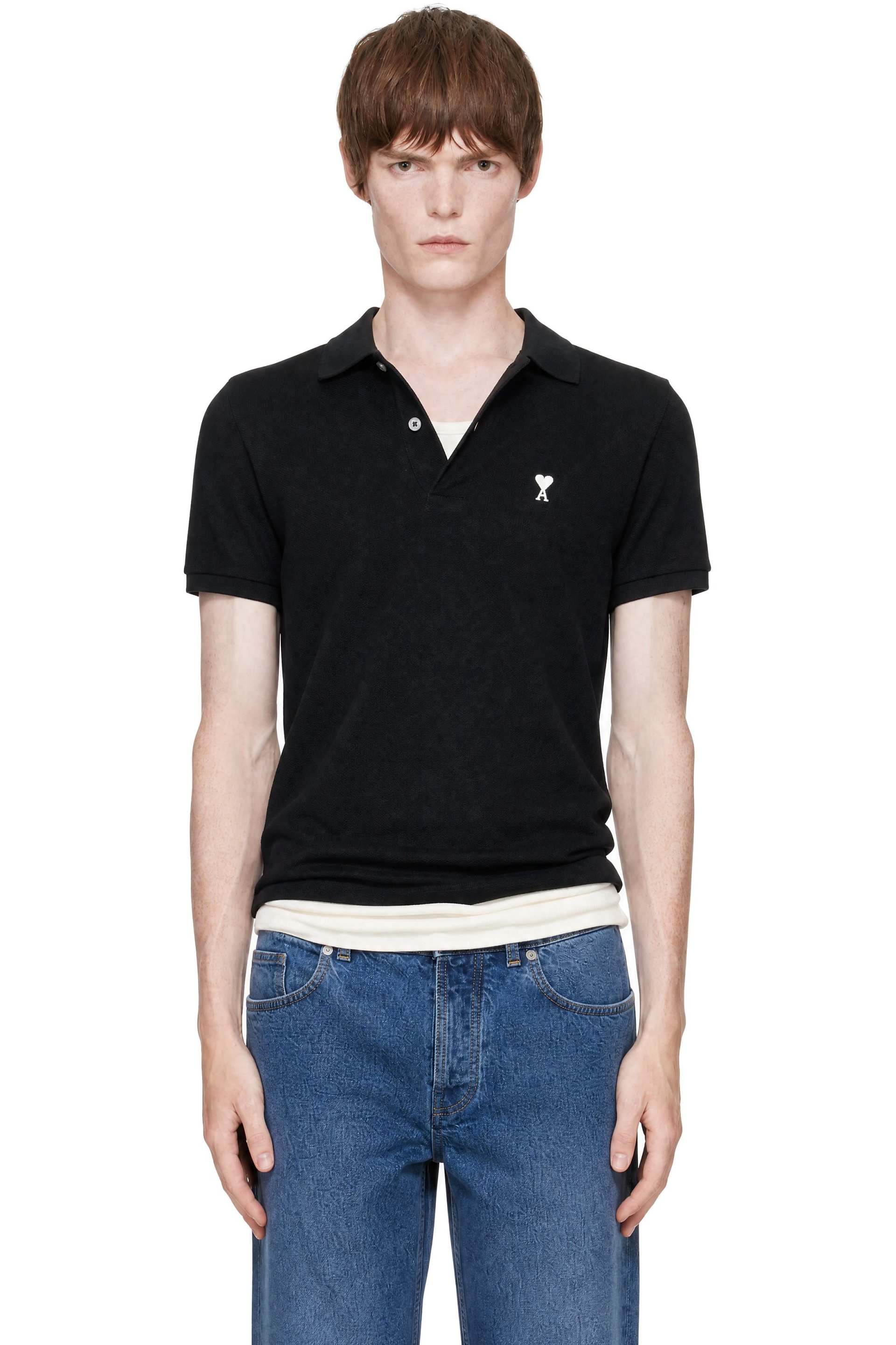 AMI Paris - Polo noir en coton à logo Ami de cœur