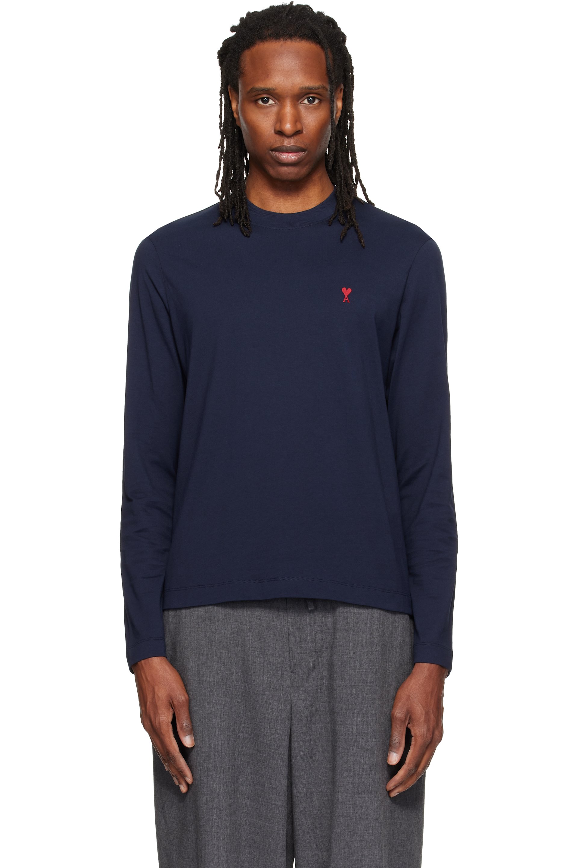 AMI Paris - T-shirt à manches longues bleu marine en coton à logo Ami de cœur