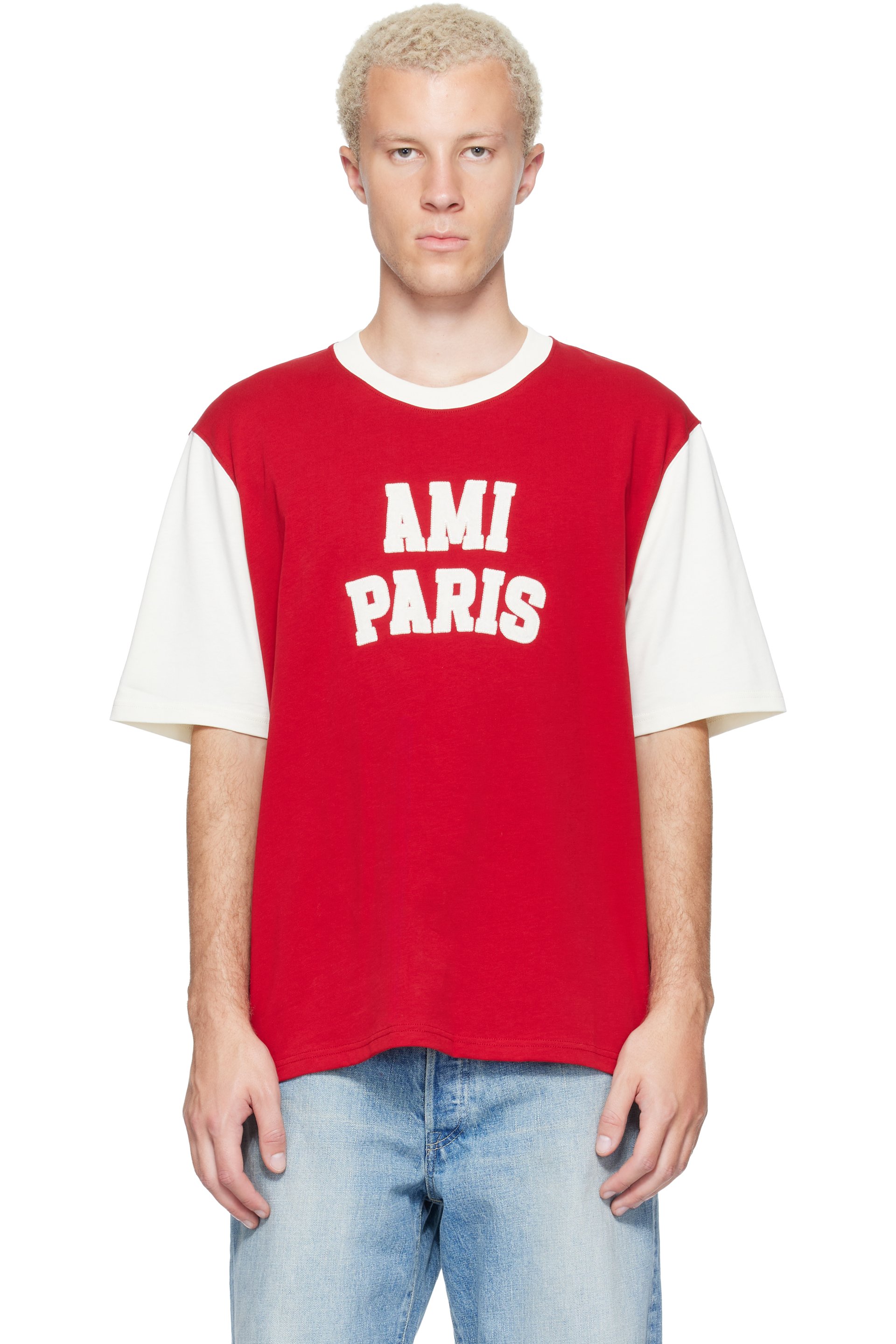 AMI Paris - Red Cotton 'Ami Paris' Embroidery T-shirt