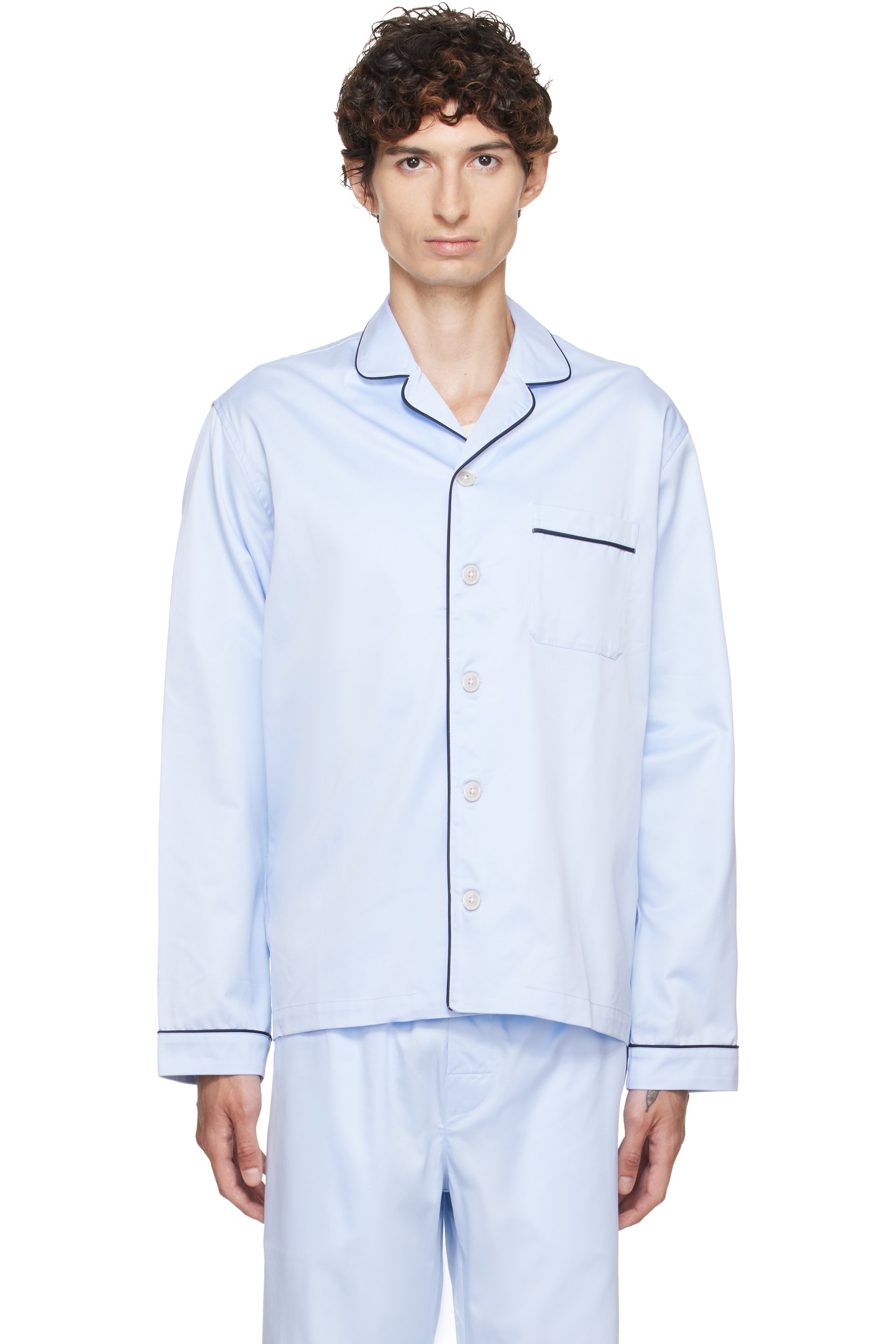 Tekla - Blue Sateen Long-Sleeved Pyjama Shirt