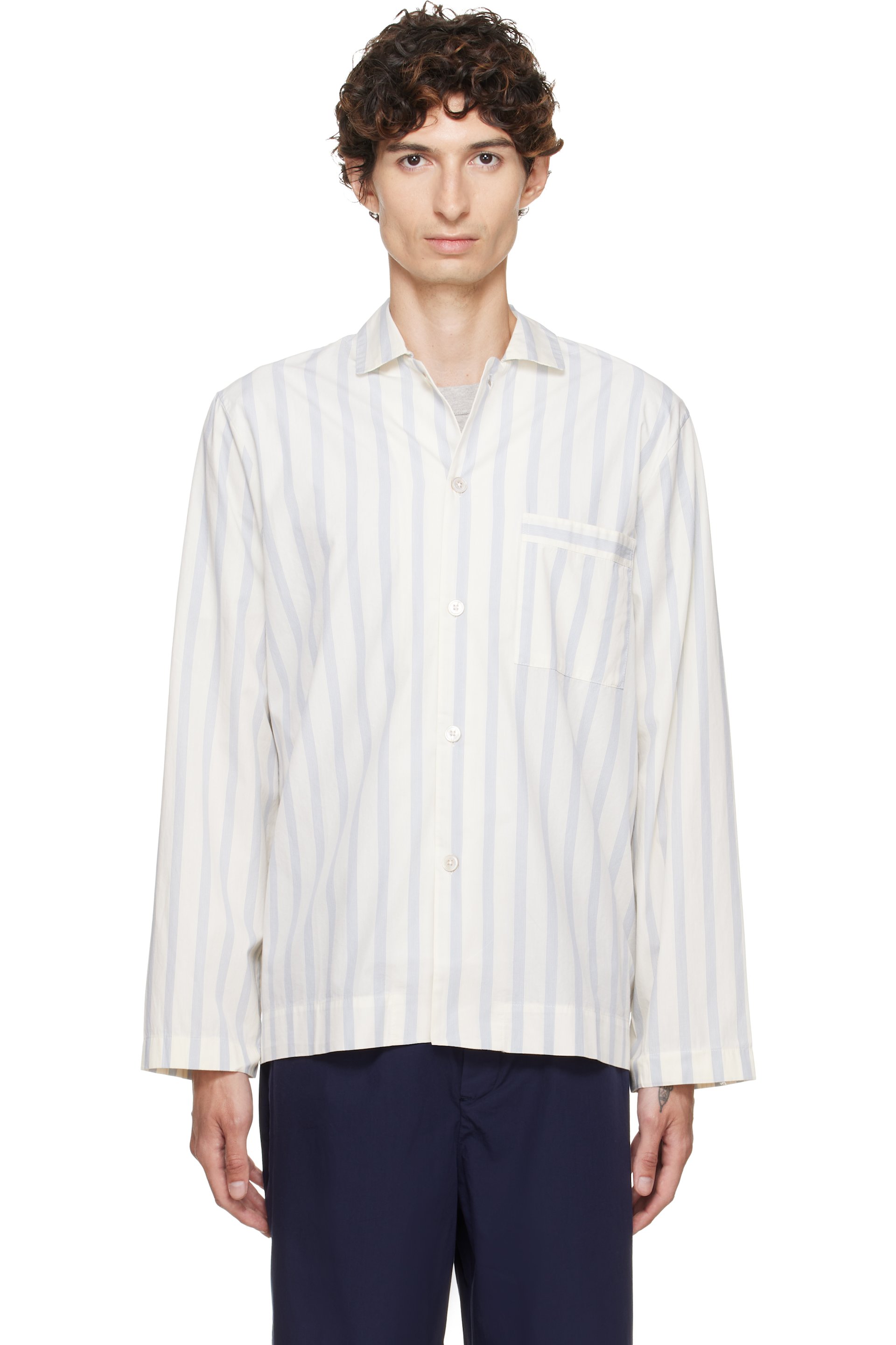 Tekla - Off-White & Blue Poplin Long-Sleeved Pyjama Shirt