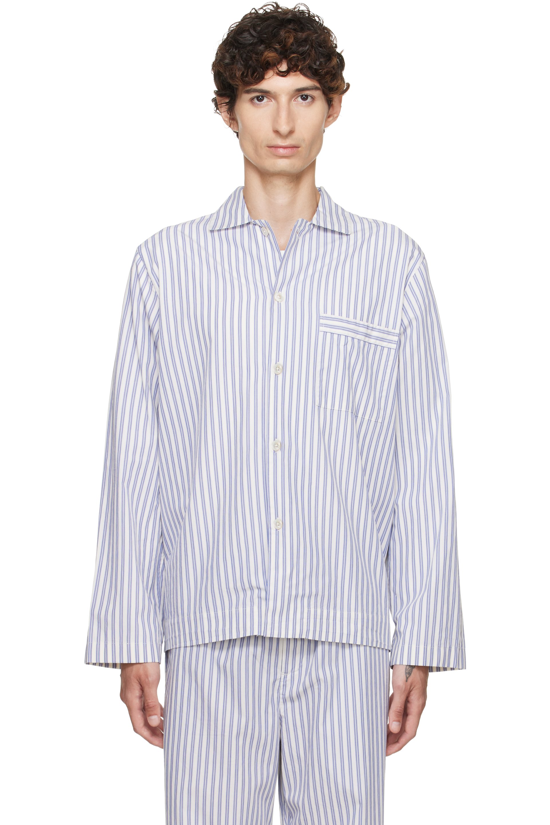 Tekla - White & Blue Poplin Long-Sleeved Pyjama Shirt