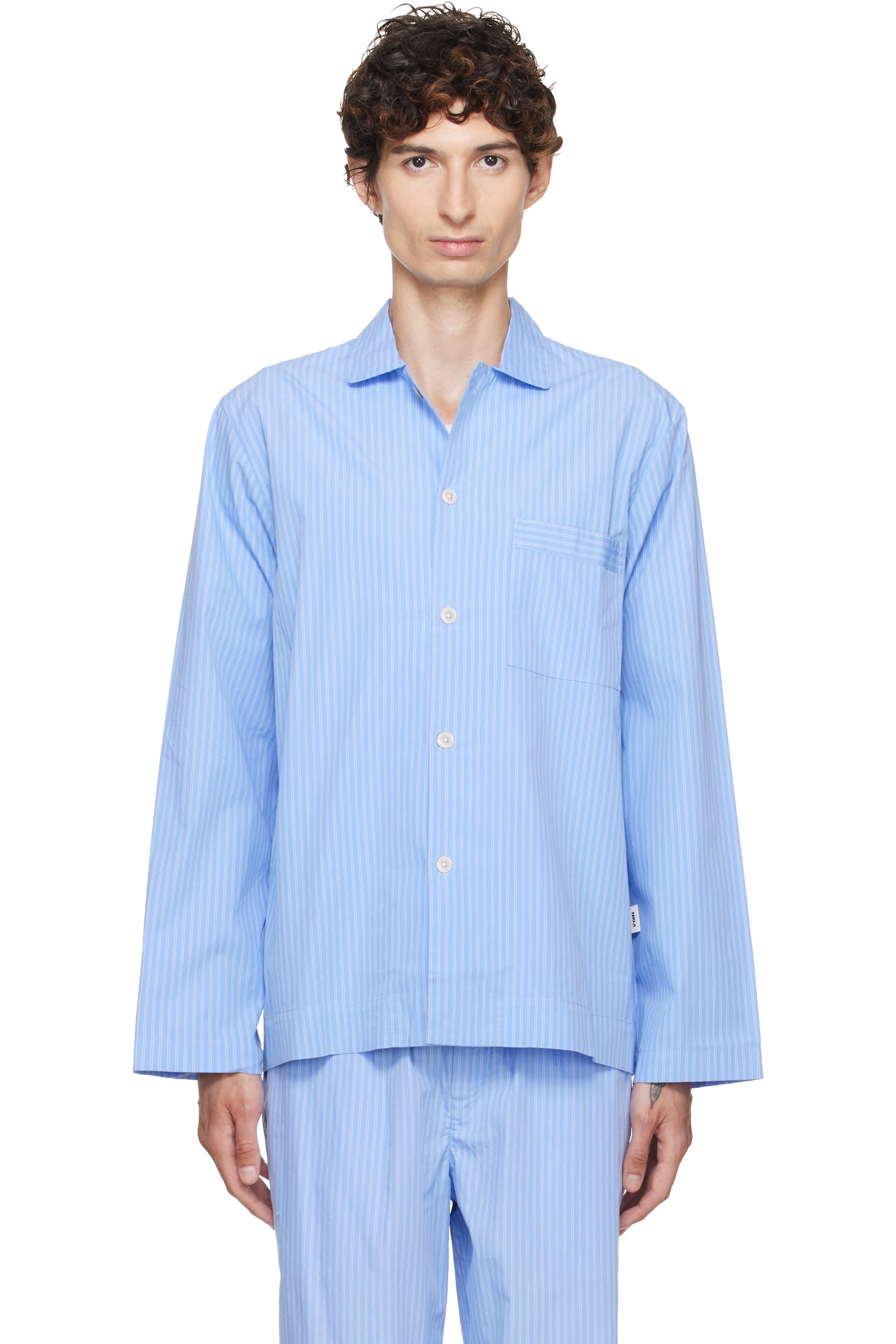 Tekla - Blue Poplin Long-Sleeved Pyjama Shirt