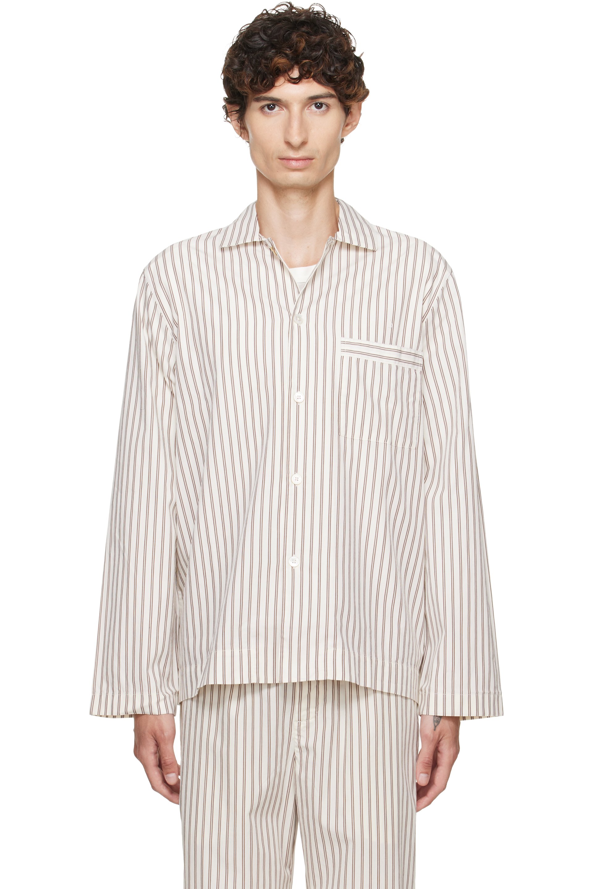 Tekla - Off-White & Brown Poplin Long-Sleeved Pyjama Shirt