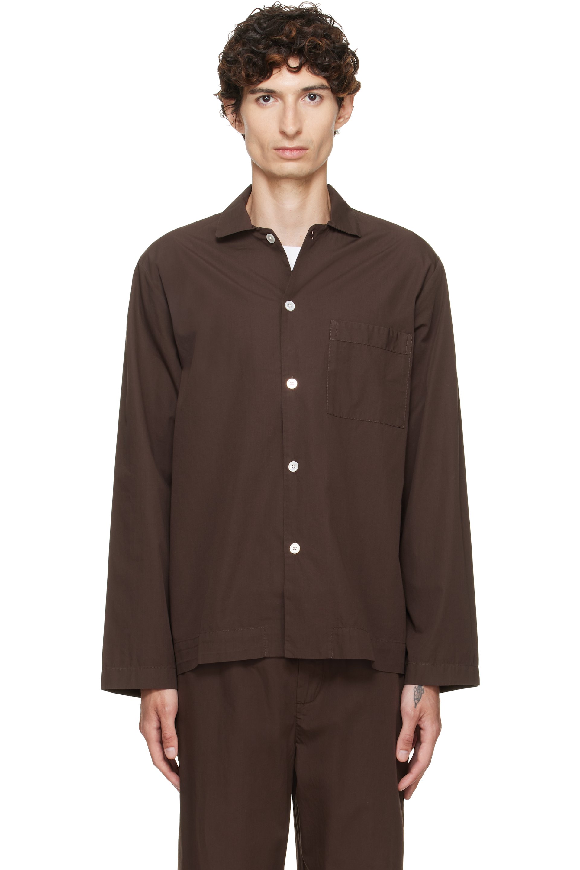 Tekla - Brown Poplin Long-Sleeved Pyjama Shirt