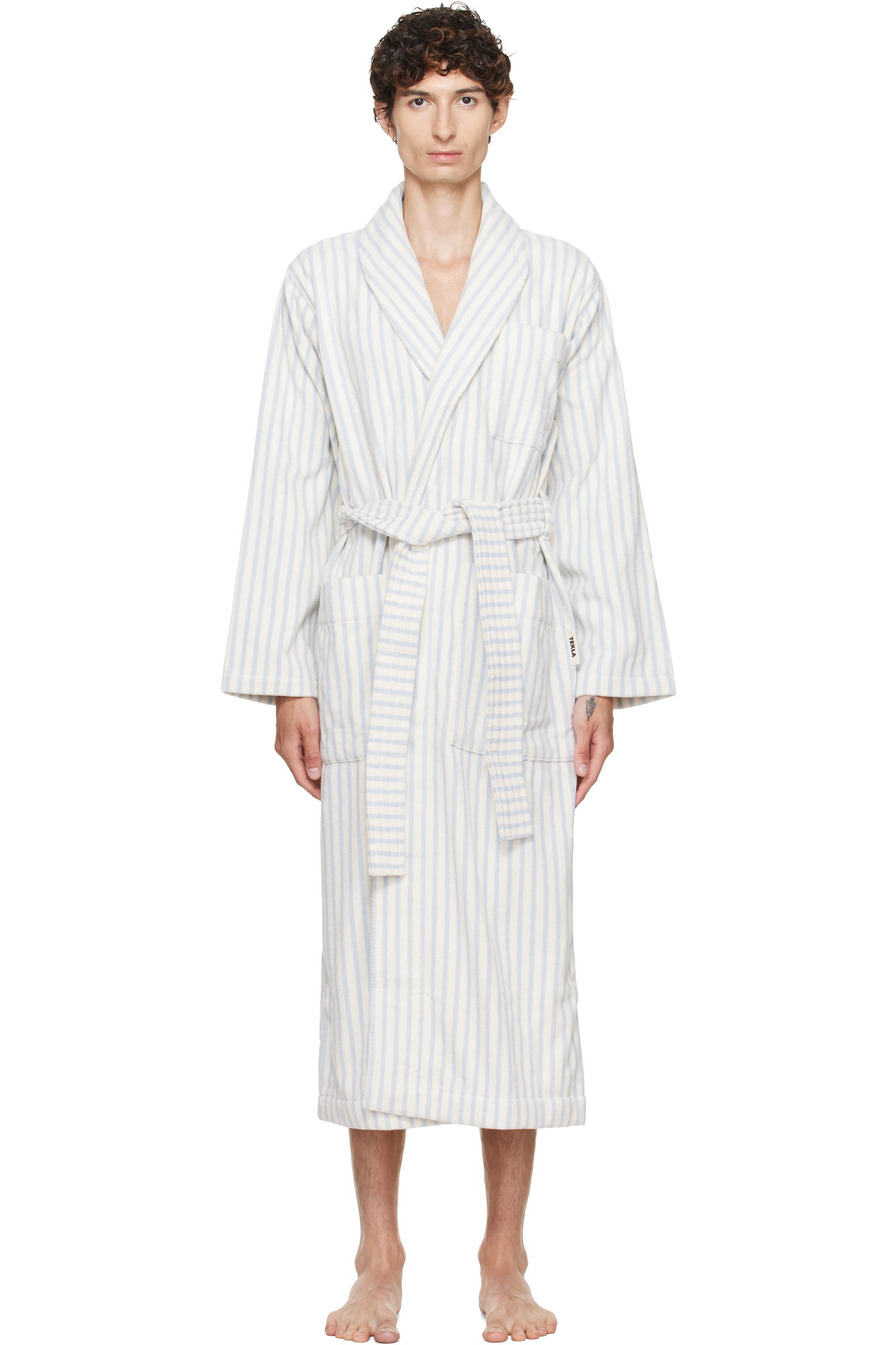 Tekla - White & Blue Terry Classic Bathrobe