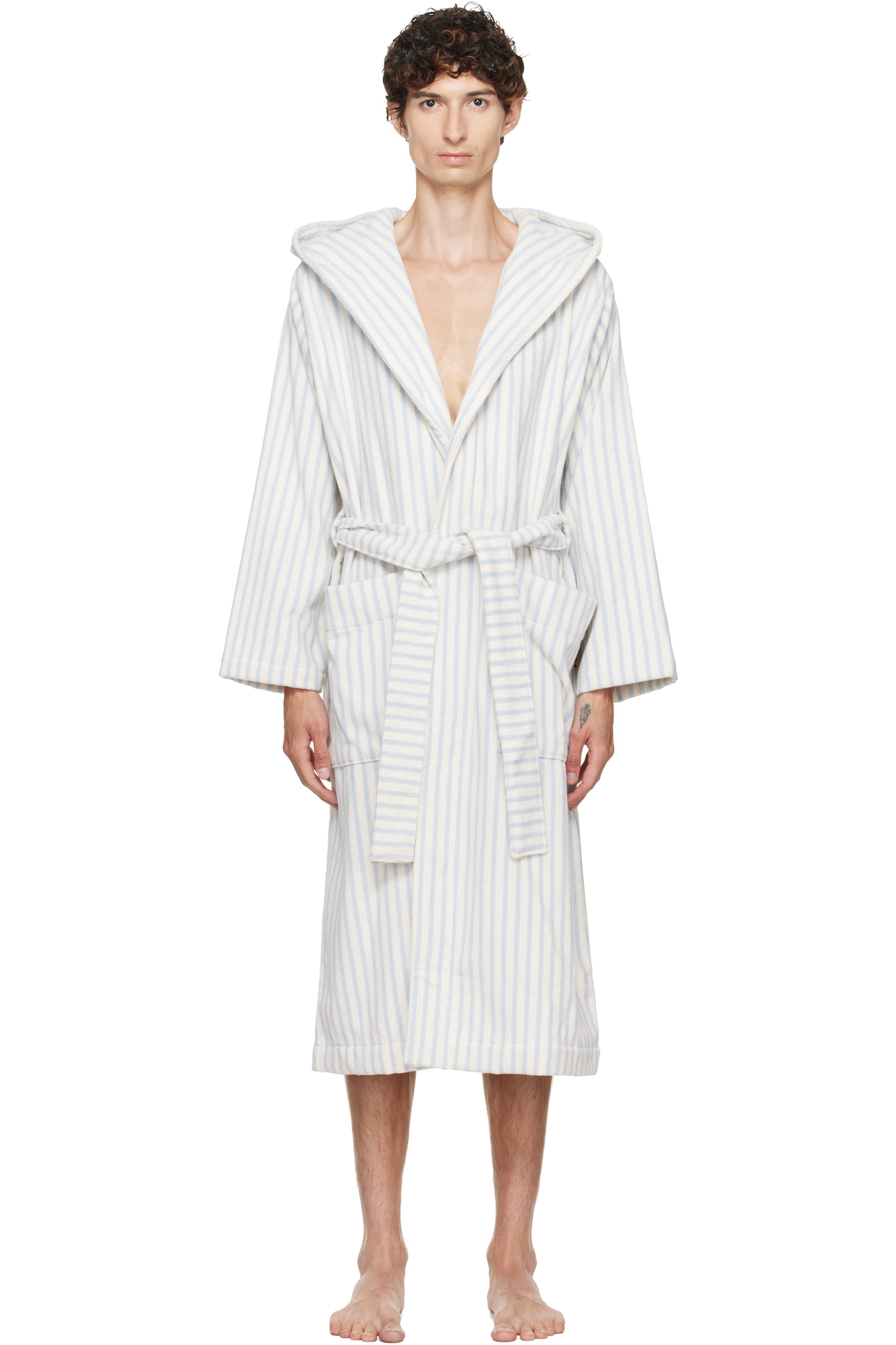 Tekla - White & Blue Terry Hooded Bathrobe