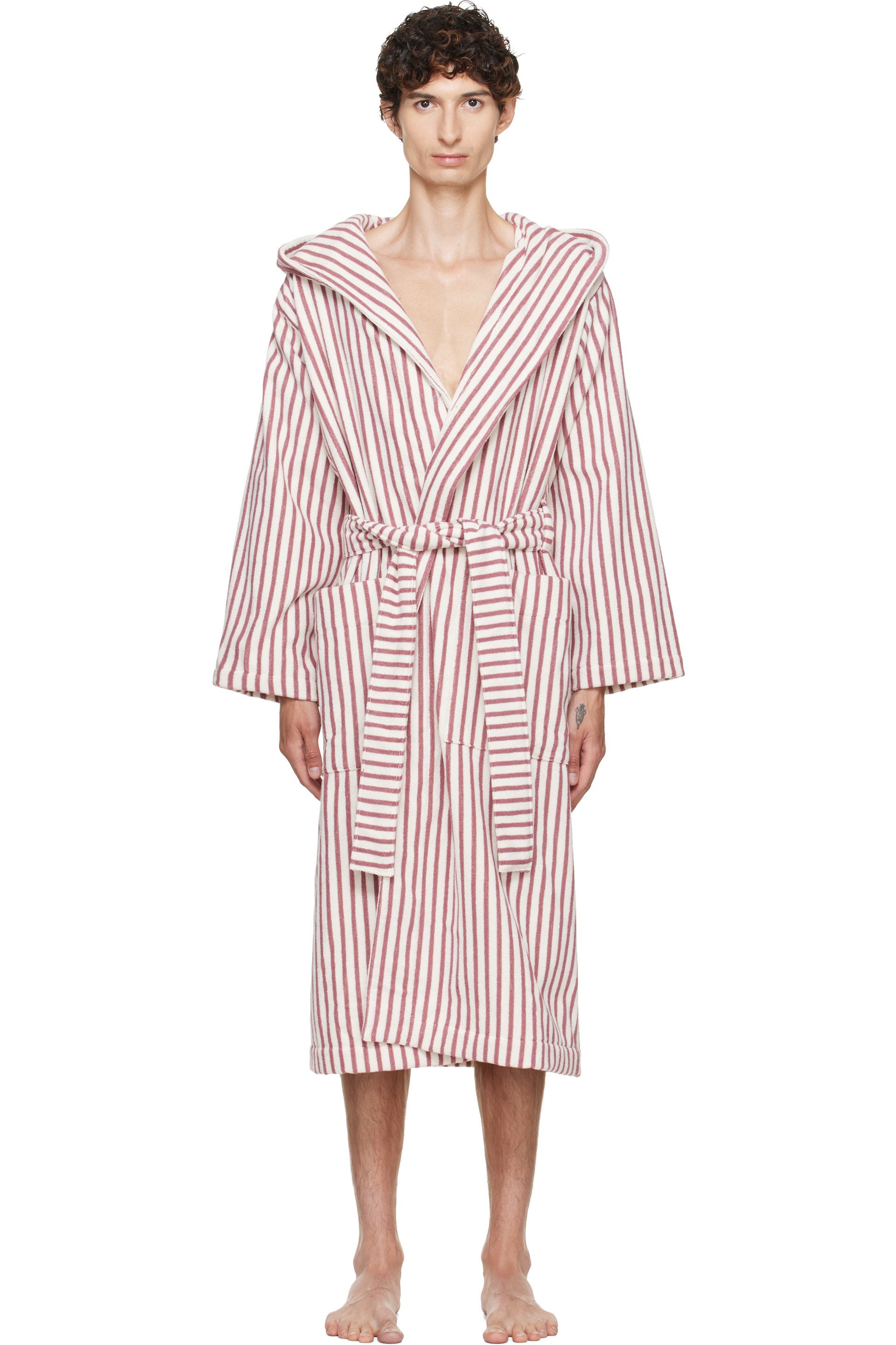Tekla - Pink & Off-White Terry Hooded Bathrobe