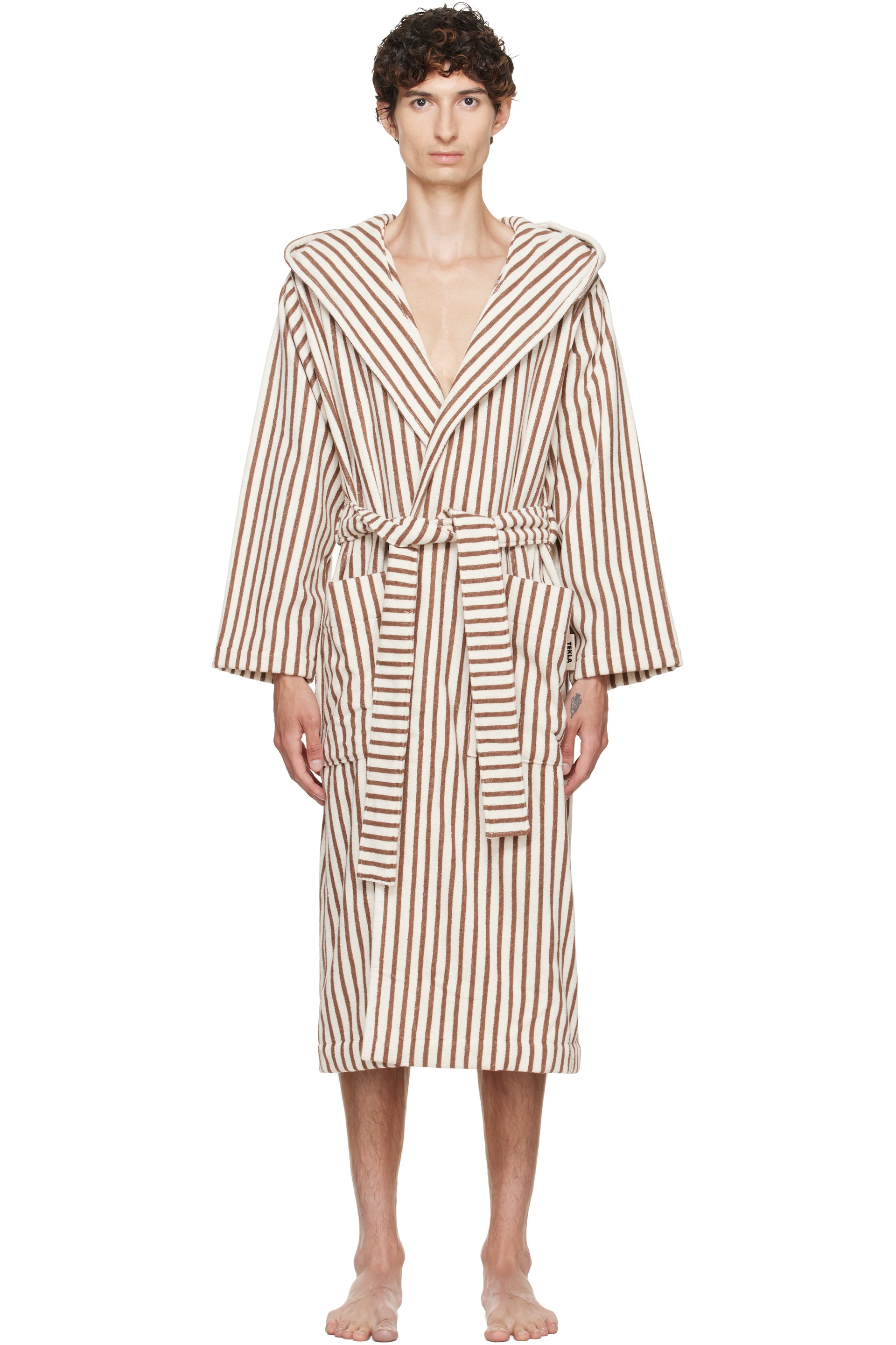 Tekla - Off-White & Brown Terry Hooded Bathrobe