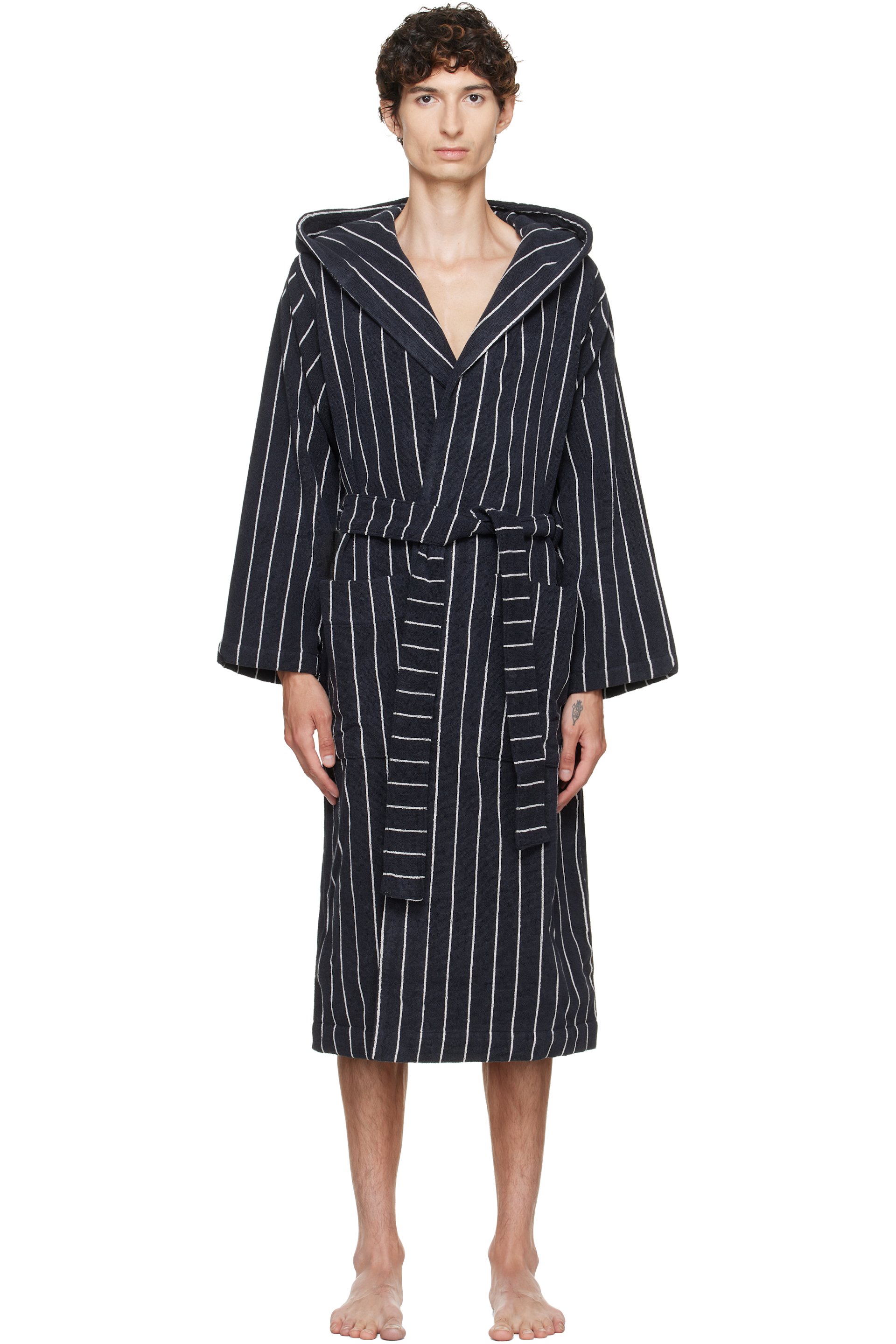 Tekla - Black & White Terry Hooded Bathrobe