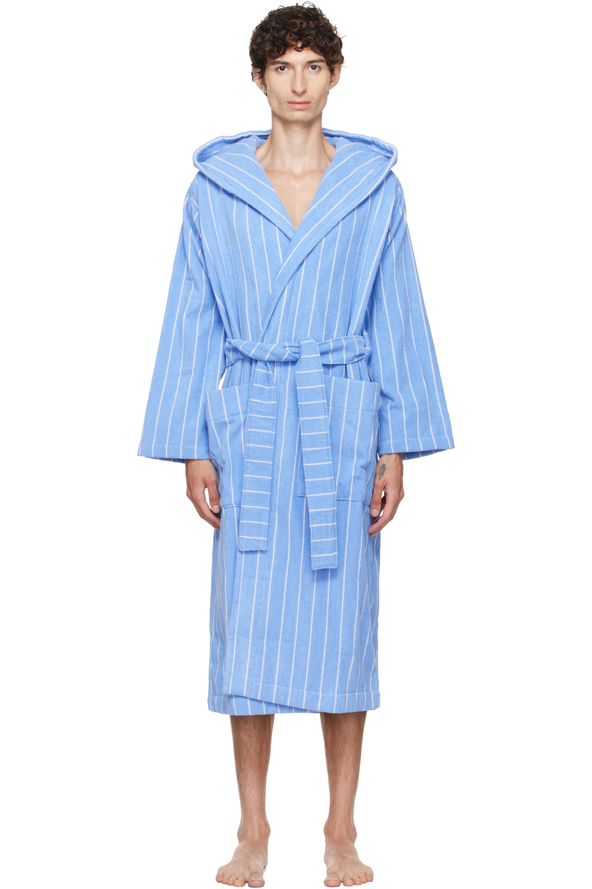 Tekla - Blue & White Terry Hooded Bathrobe