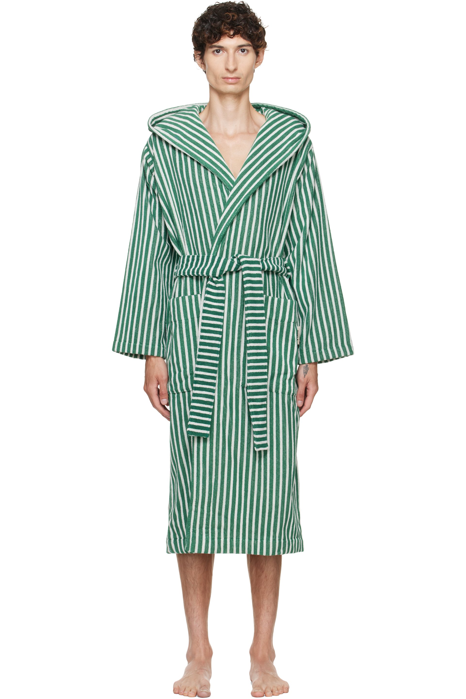 Tekla - Green & White Terry Hooded Bathrobe