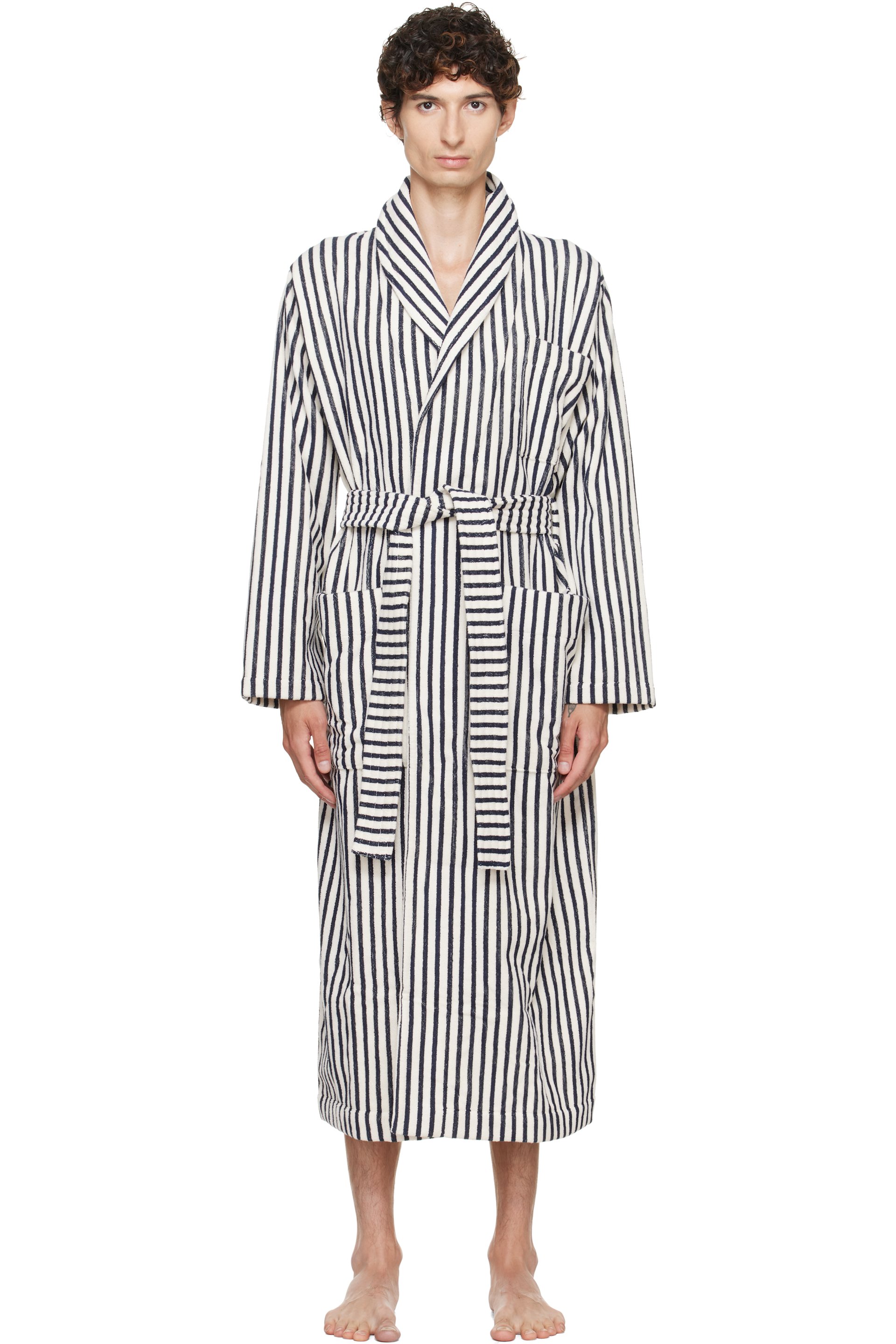 Tekla - White & Navy Terry Classic Bathrobe