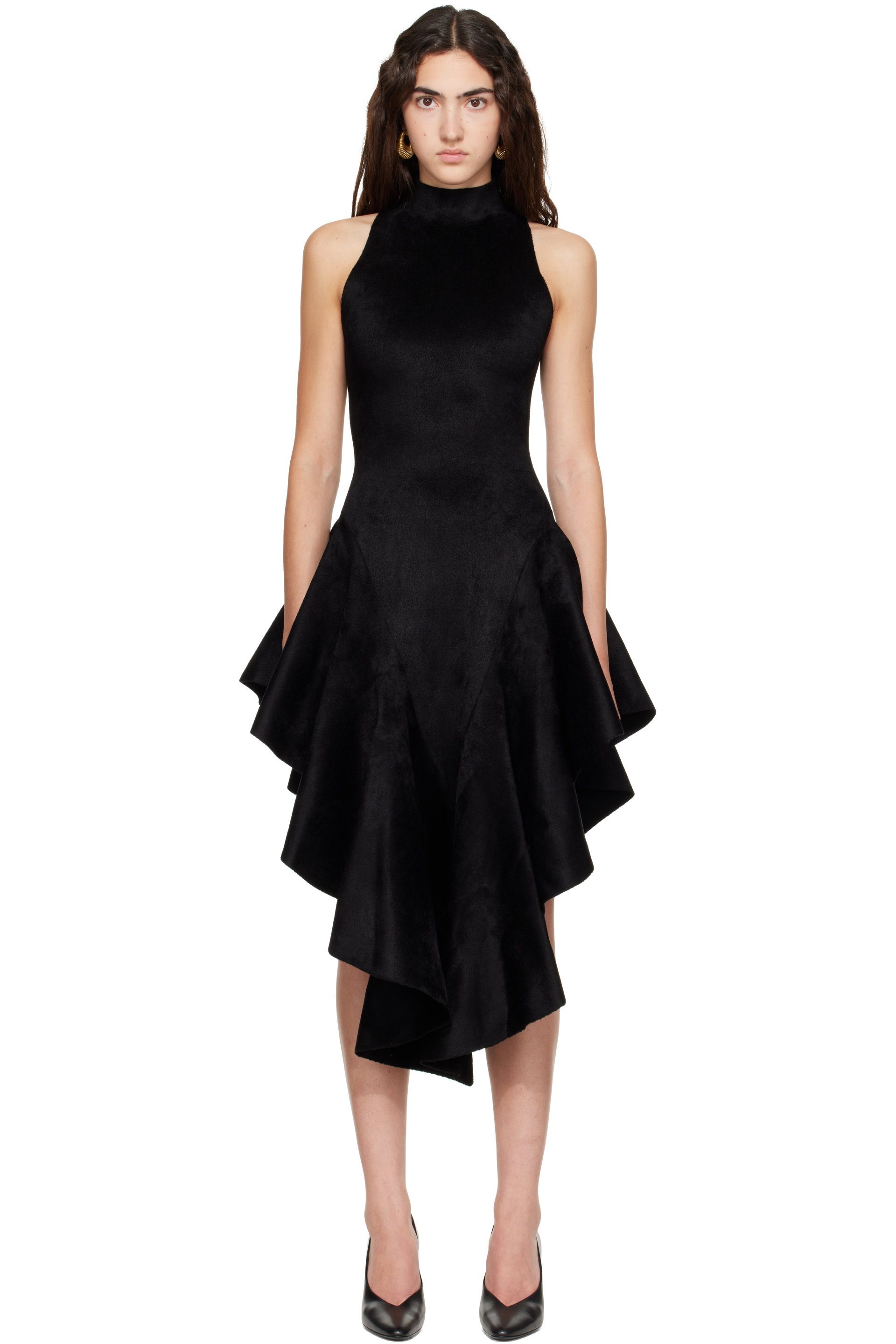 ALAÏA - Black Pointed Tailored Velvet Midi Dress