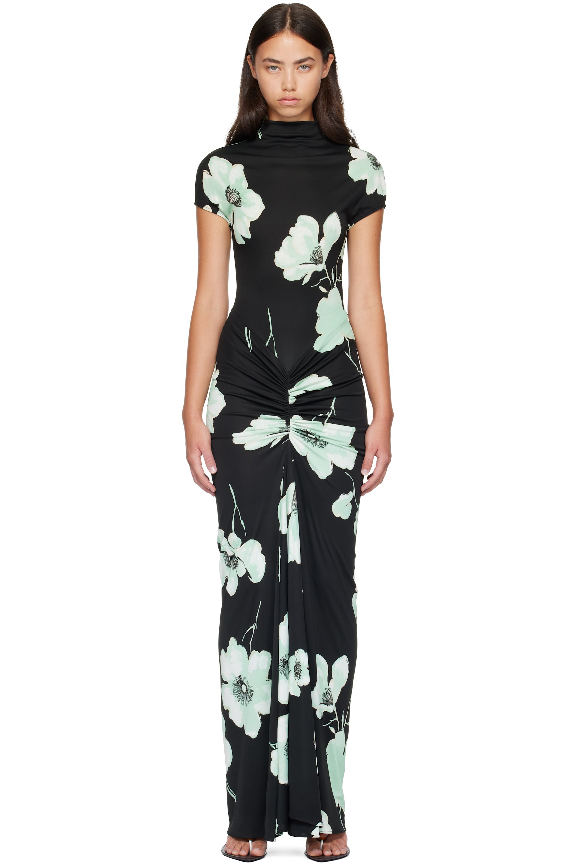 ALAÏA - Black Draped Printed Maxi Dress