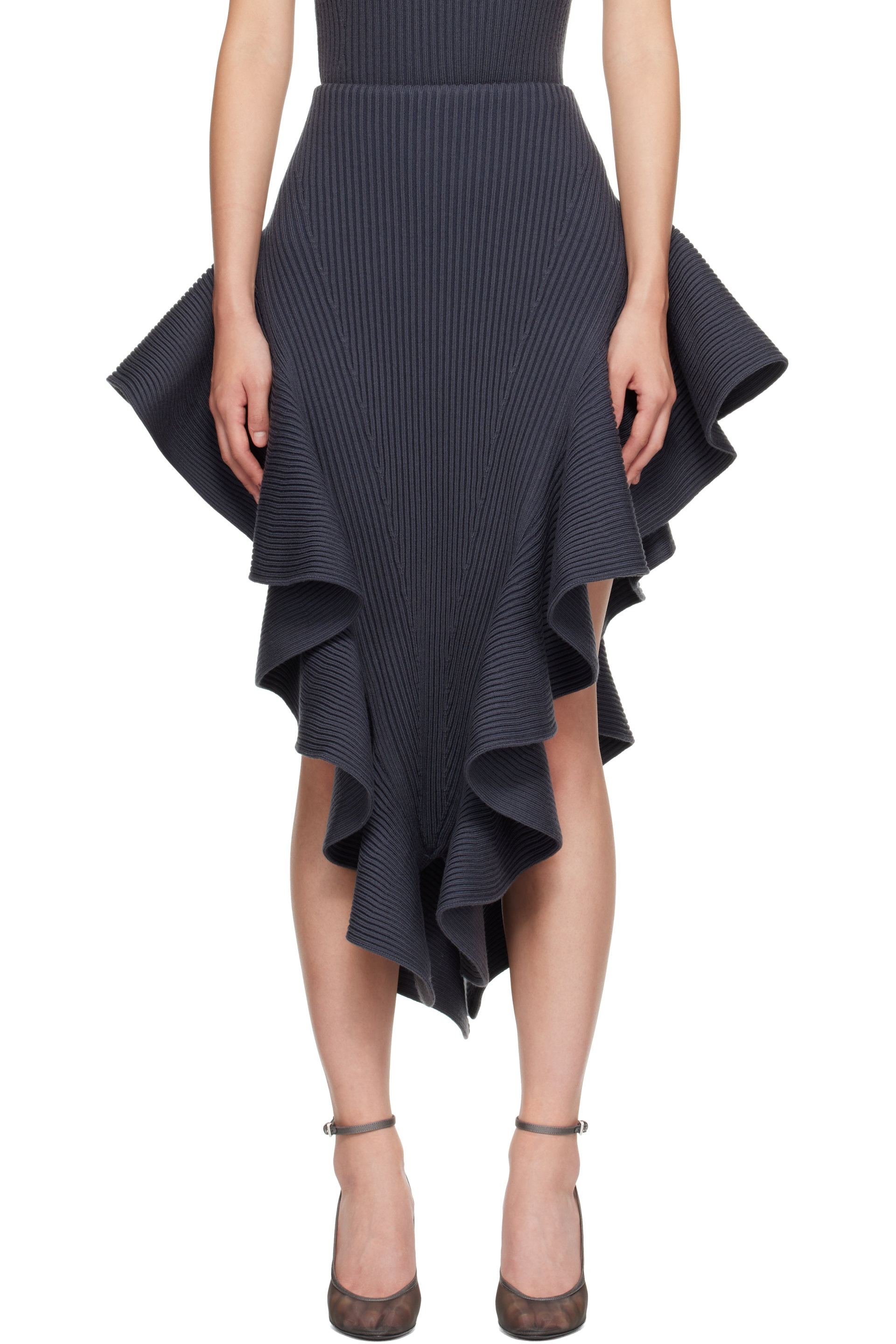 ALAÏA - Gray Ribbed Ruffle Midi Skirt