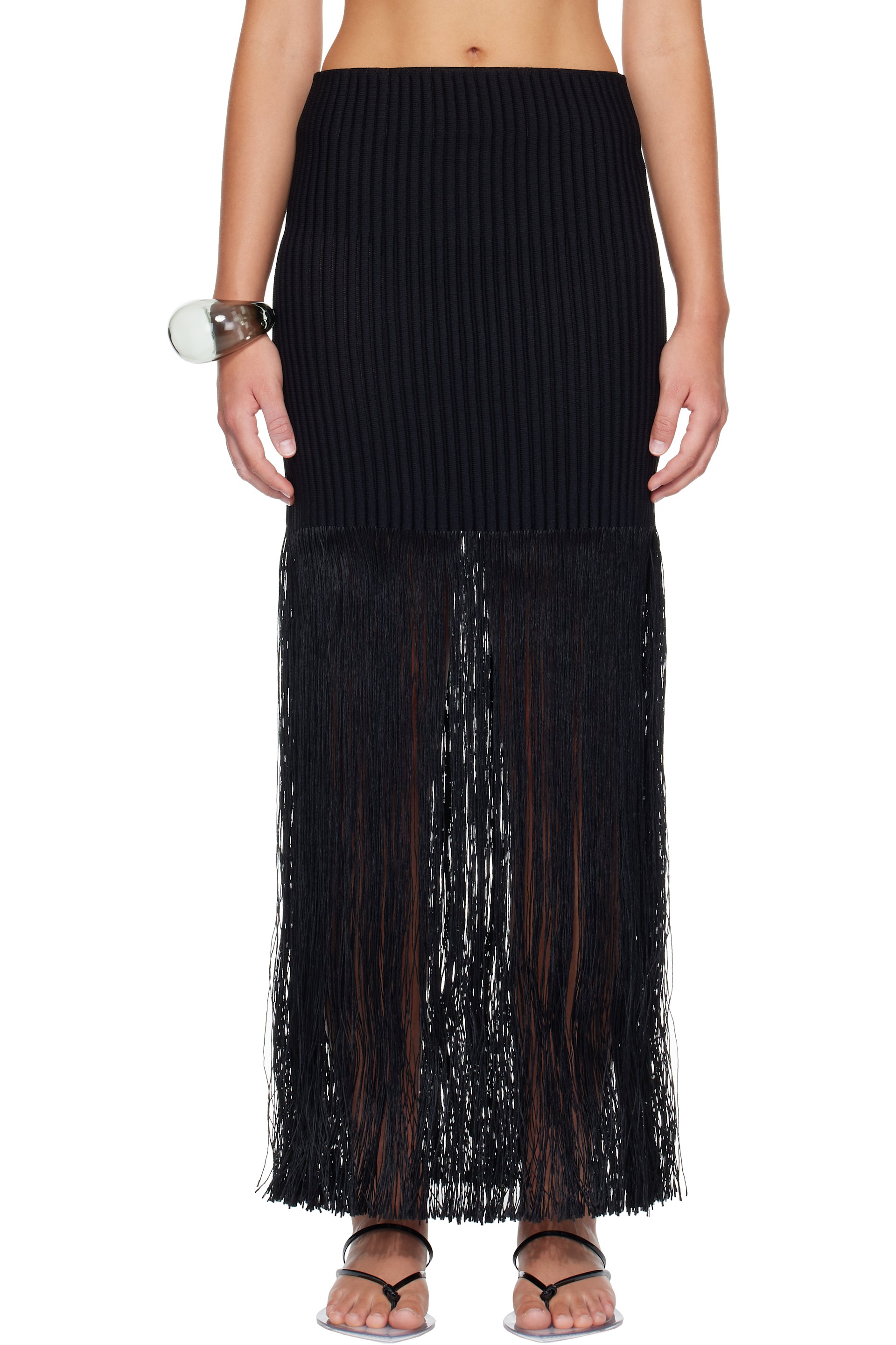ALAÏA - Black Fringed Tube Maxi Skirt