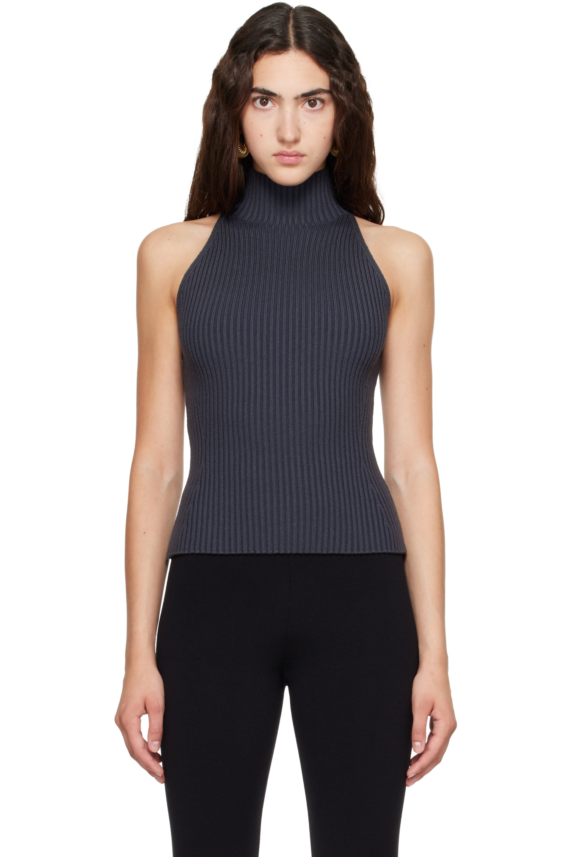 ALAÏA - Gray Halter Neck Rib Knit Tank Top