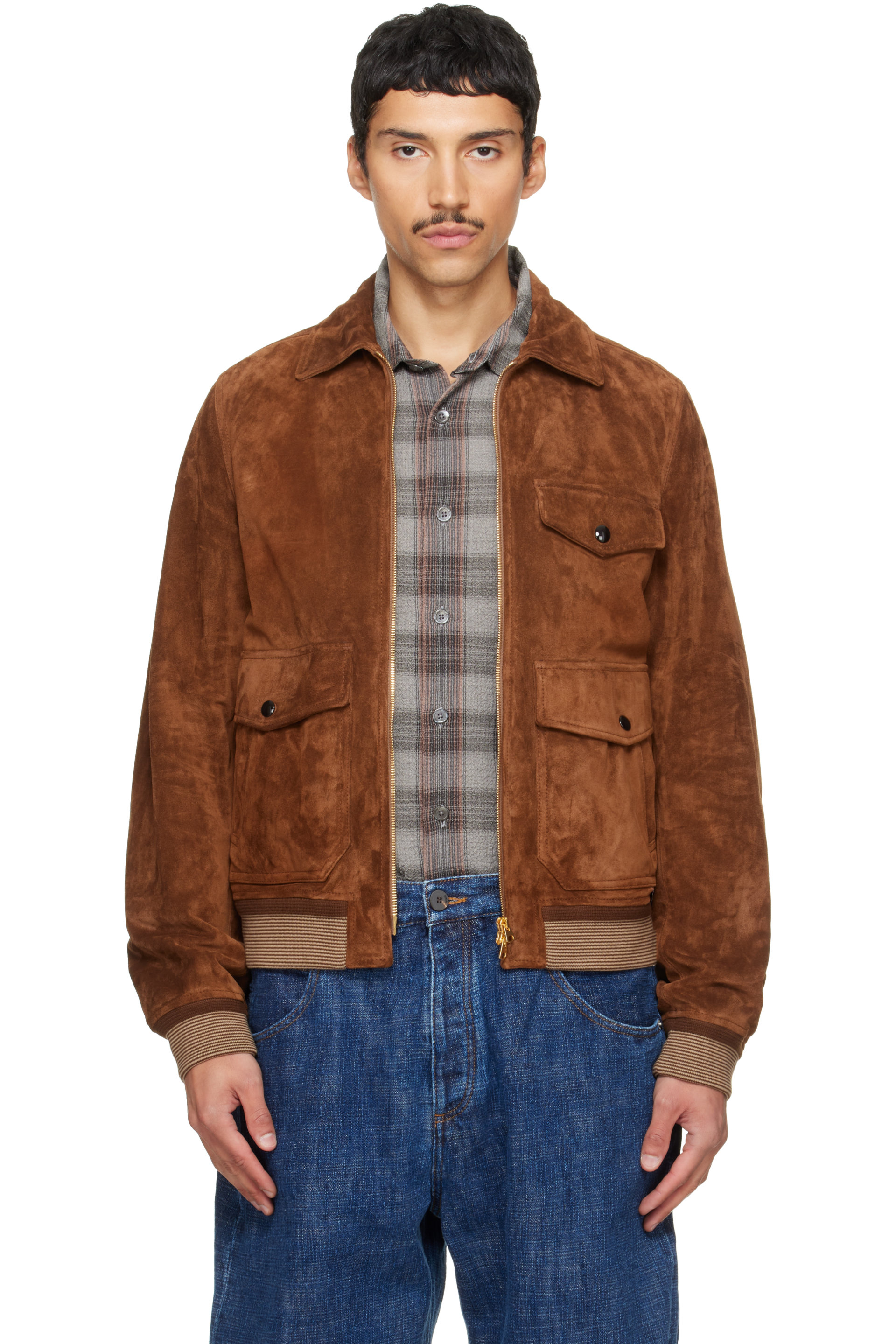 Drake's - Tan Heavyweight A-2 Suede Bomber Jacket