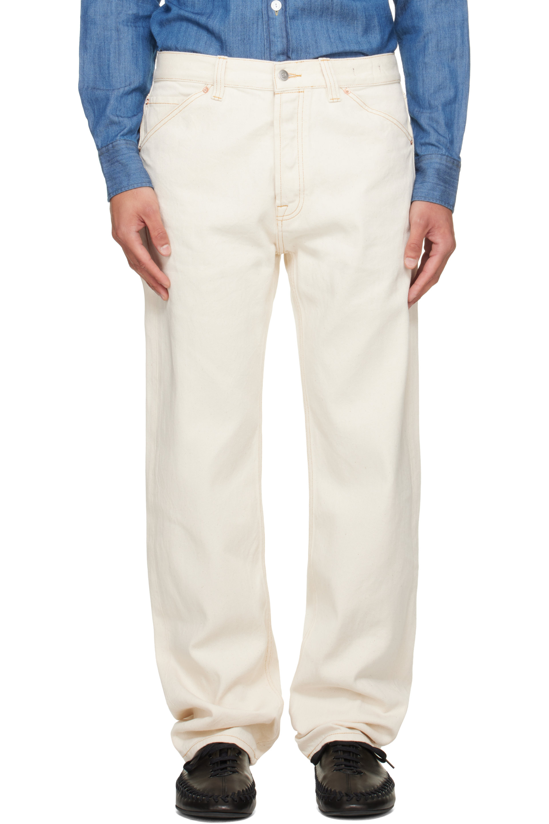 Drake's - Off-White Contrast Stich Five-Pocket Selvedge Denim Jeans