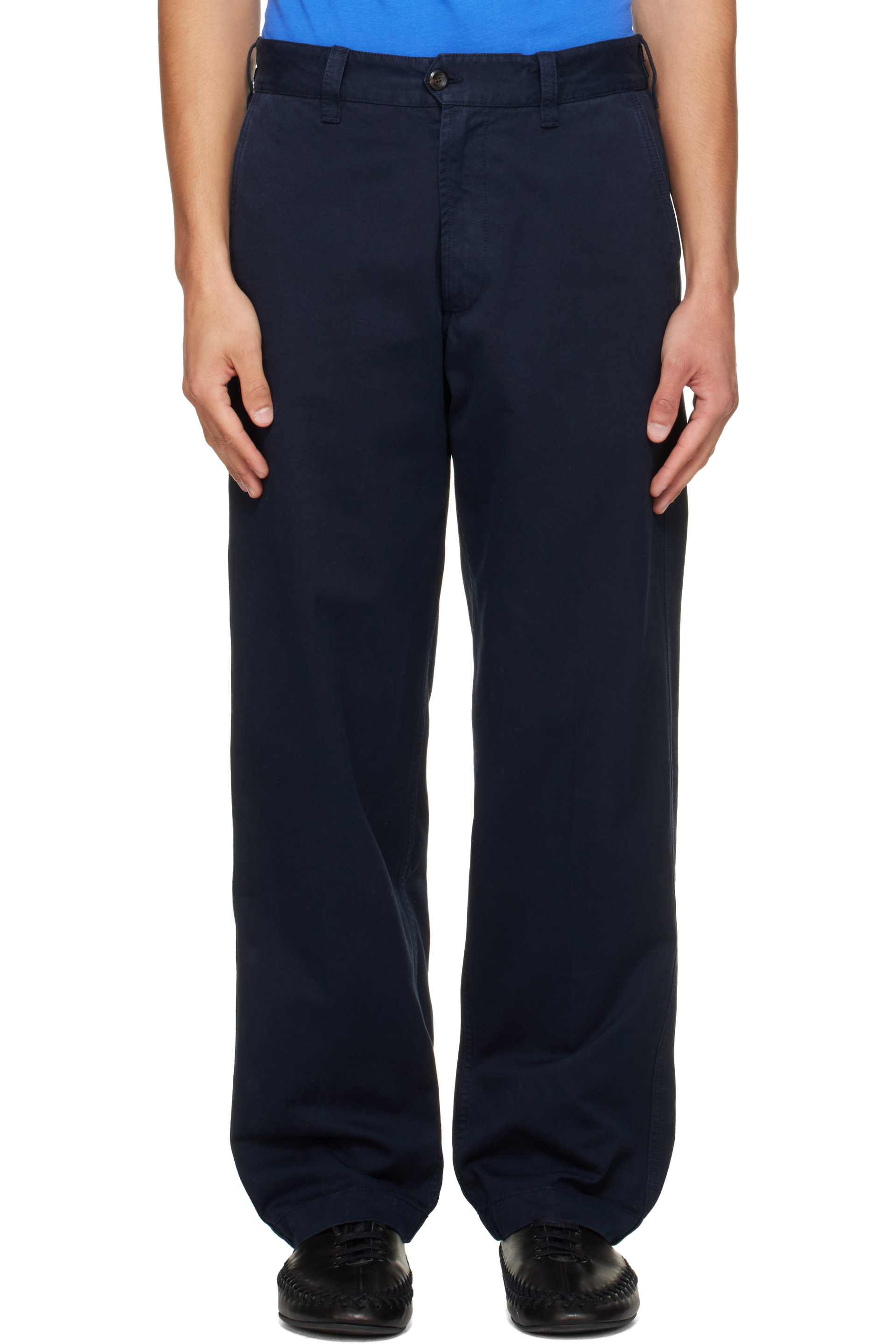 Drake's - Navy Heavy Cotton Flat Front Trousers