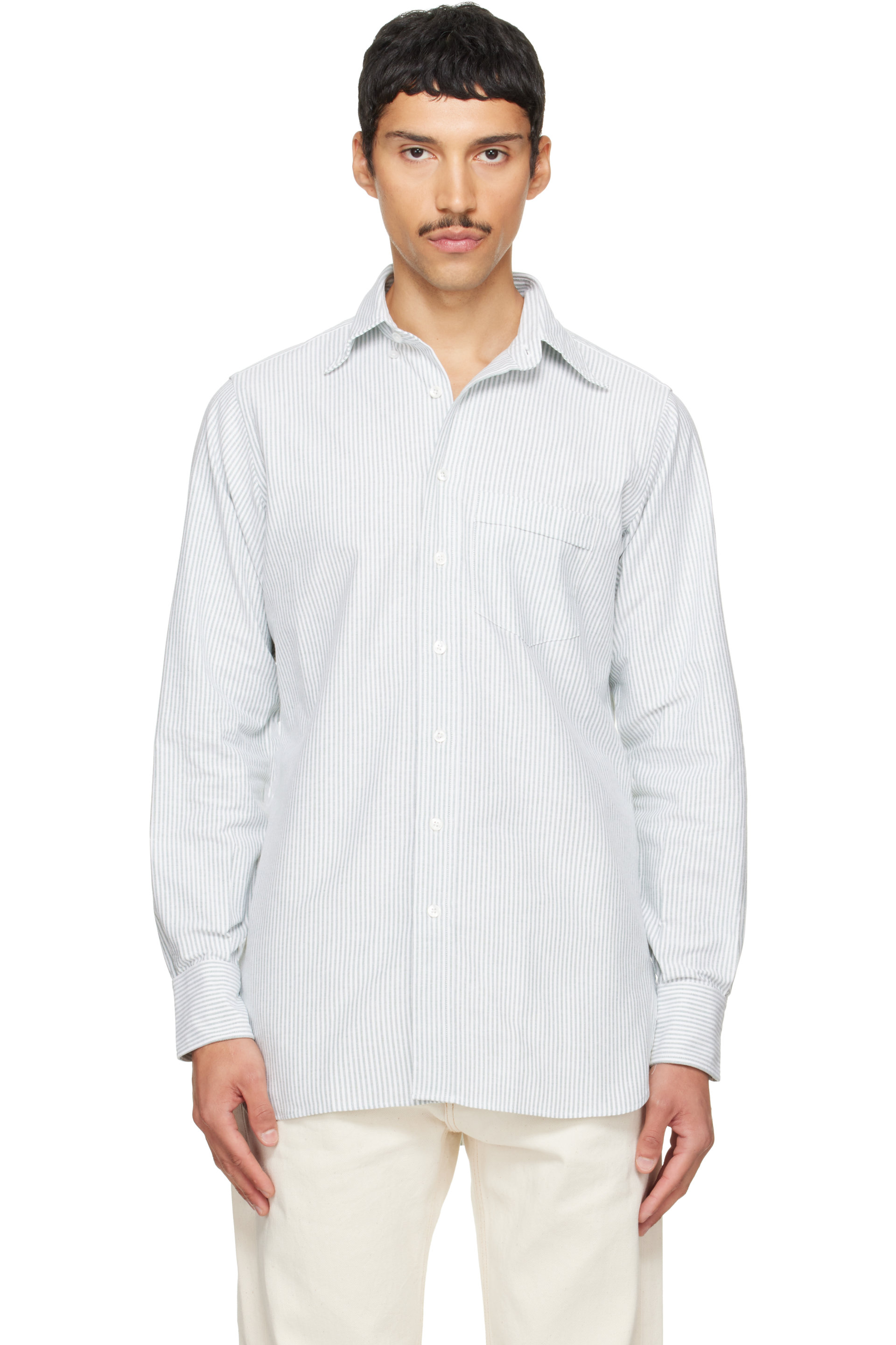 Drake's - White & Green Ticking Stripe Button-Down Shirt