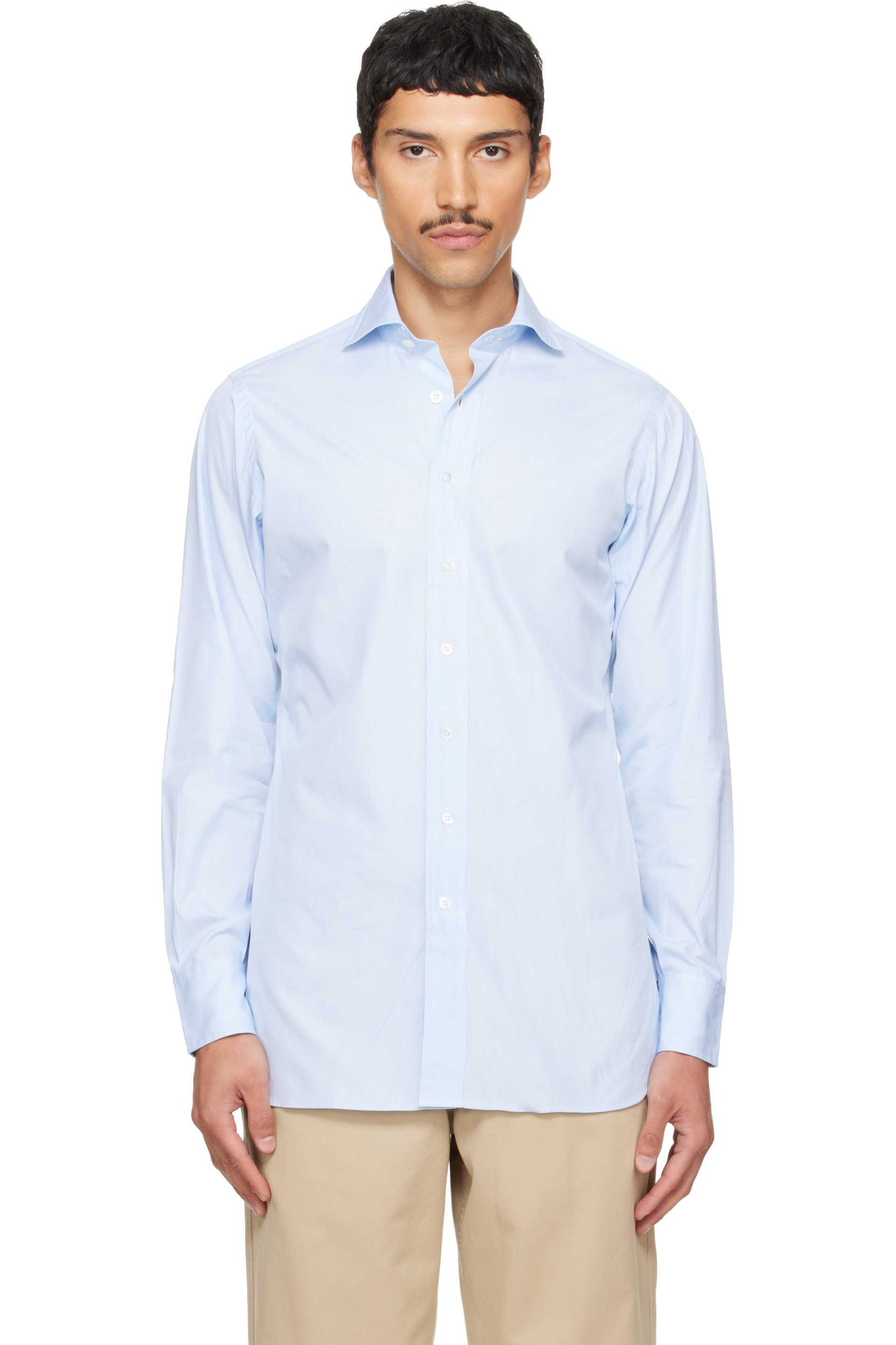 Drake's - Blue Cotton Spread Collar End-on-End Poplin Shirt