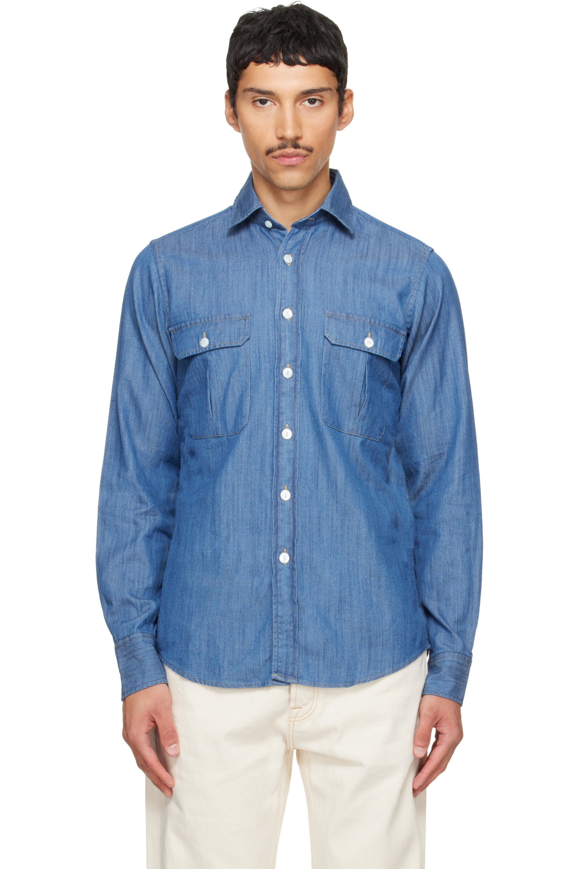 Drake's - Blue Cotton Two-Pocket Work Denim Shirt