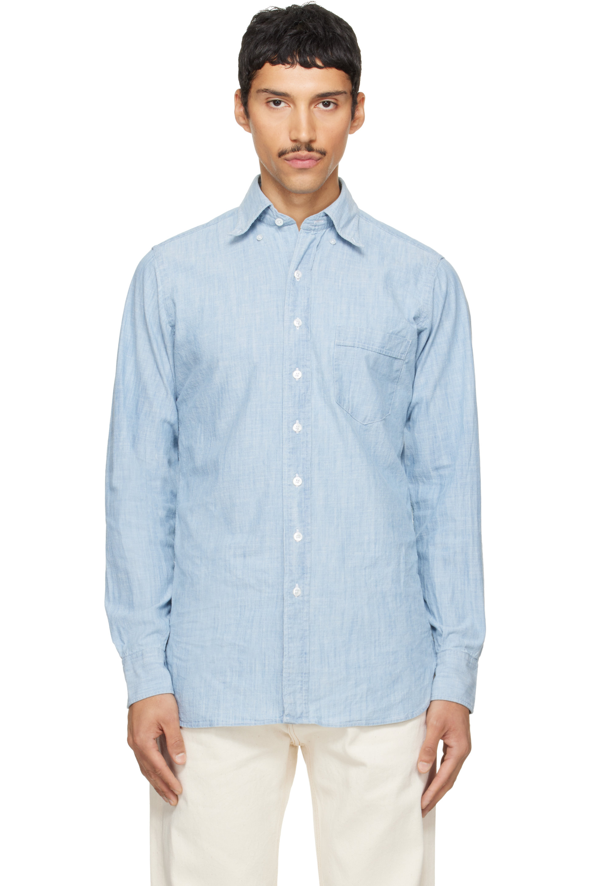 Drake's - Blue Cotton Chambray Button-Down Shirt