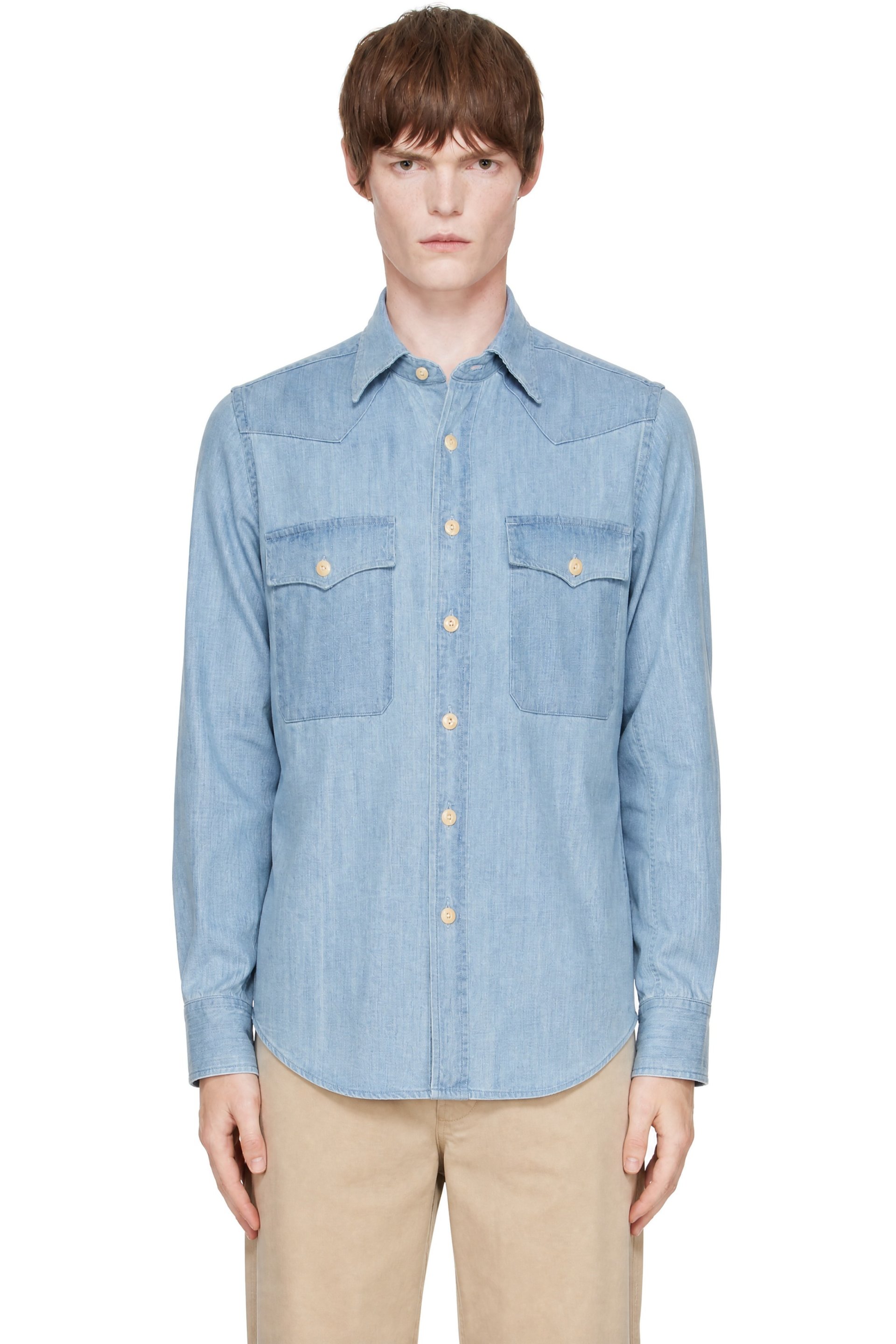 Drake's - Blue Denim Two-Pocket Western Shirt
