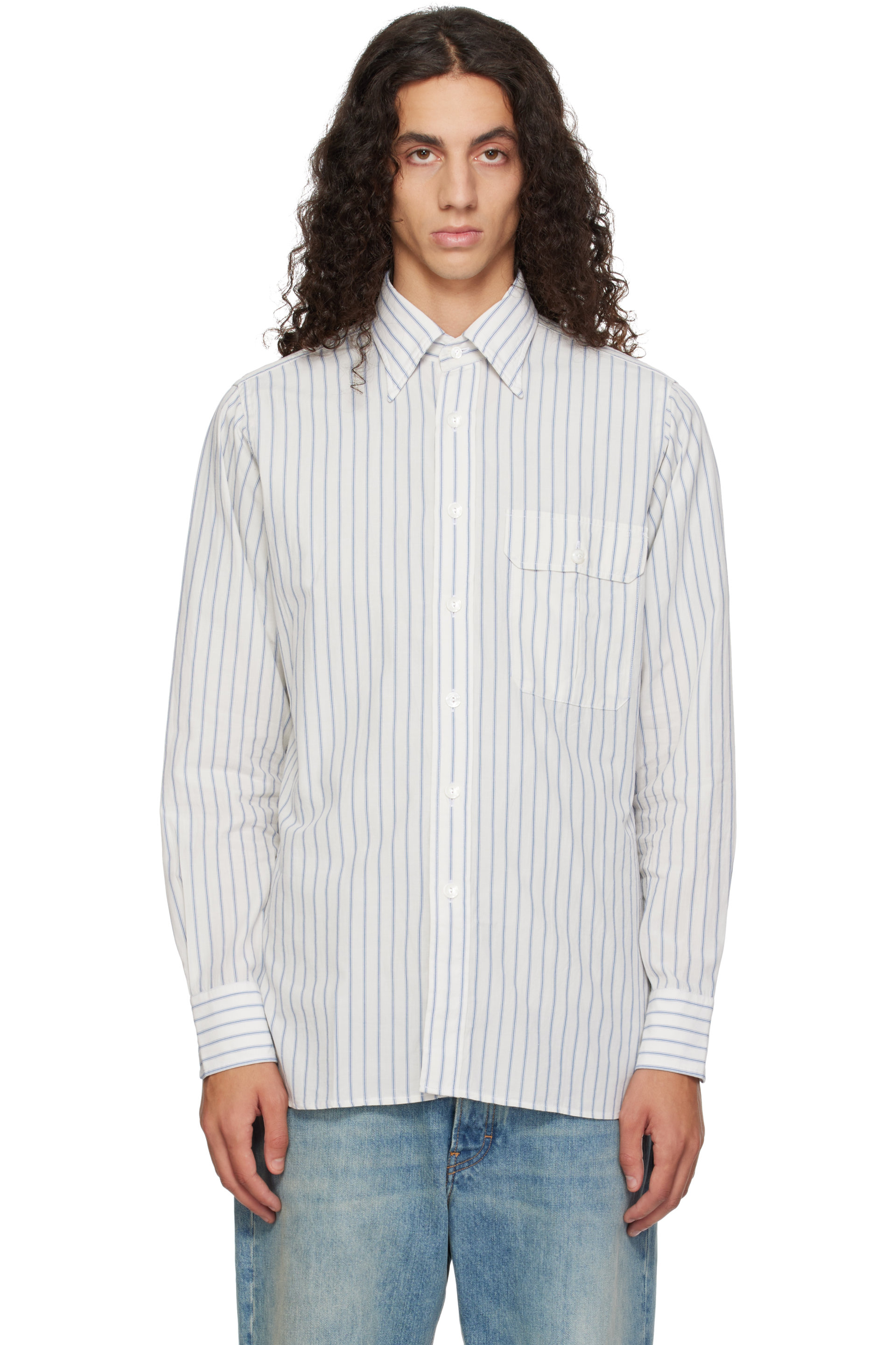 Drake's - Off-White & Blue Stripe Linen-Cotton Shirt