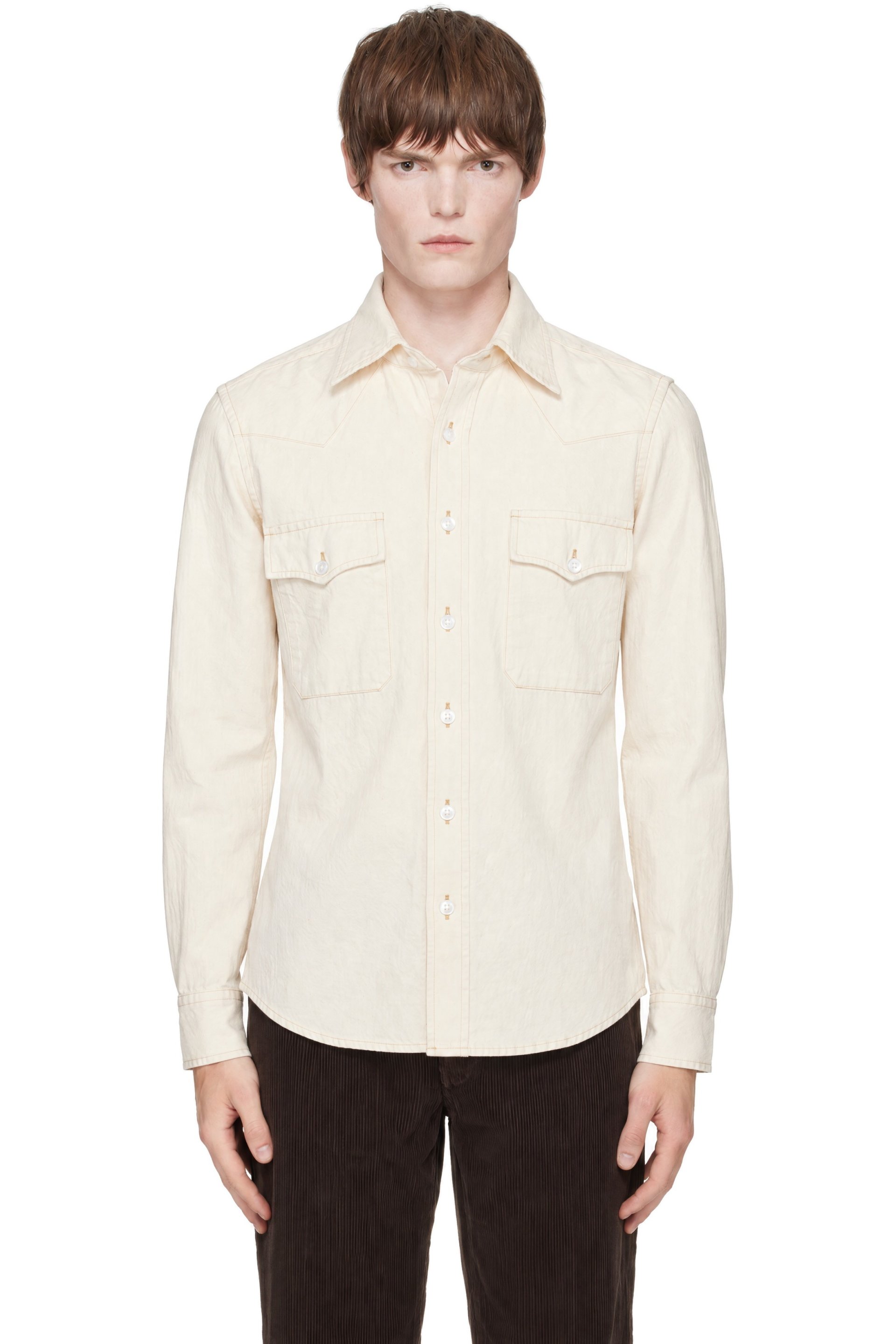 Drake's - Off-White Western Selvedge Denim Stone Wash Shirt