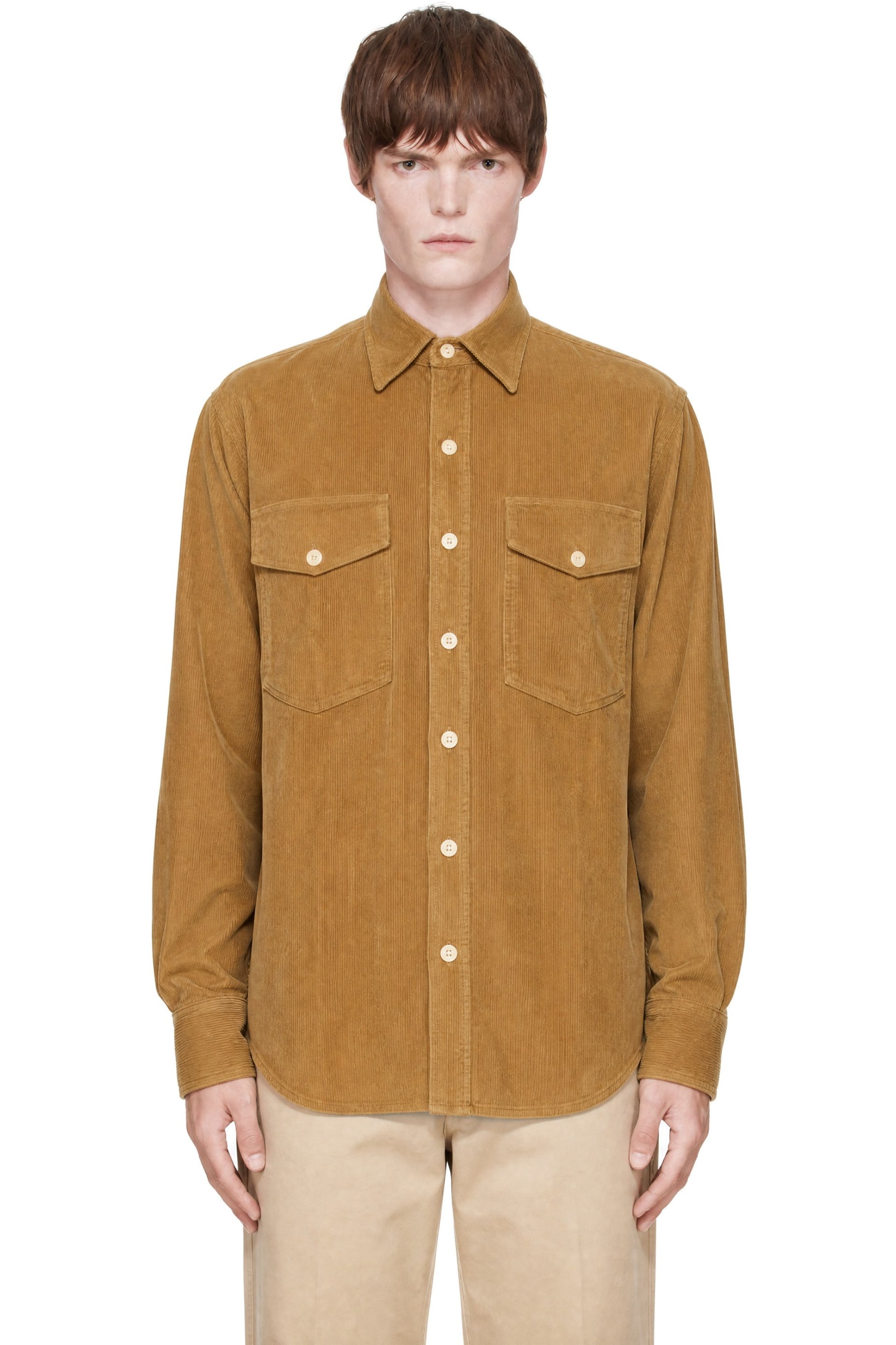Drake's - Tan Corduroy Two-Pocket Long Point Collar Work Shirt